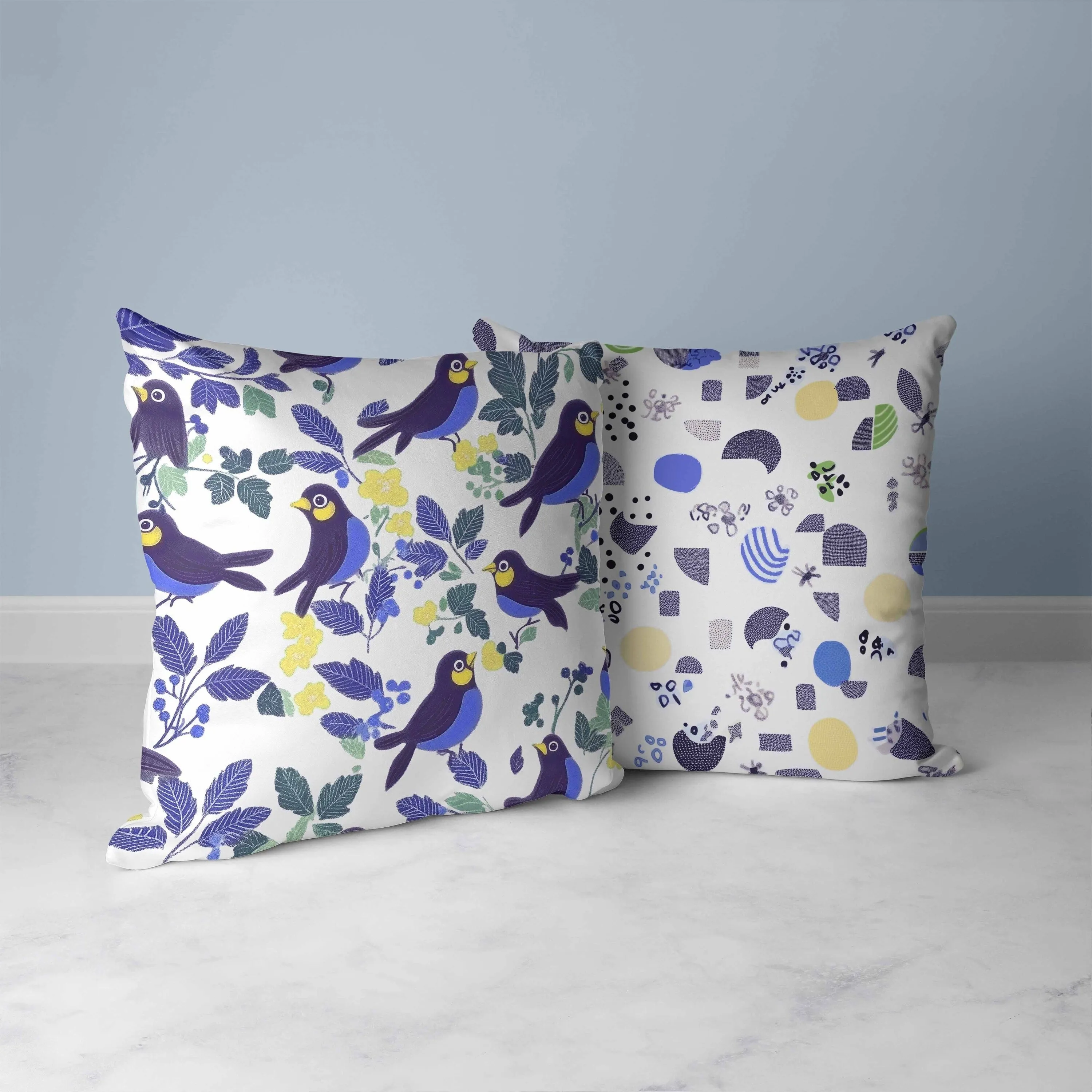 Sweet Tweets Faux Suede Reversible Throw Pillow Blue and Yellow