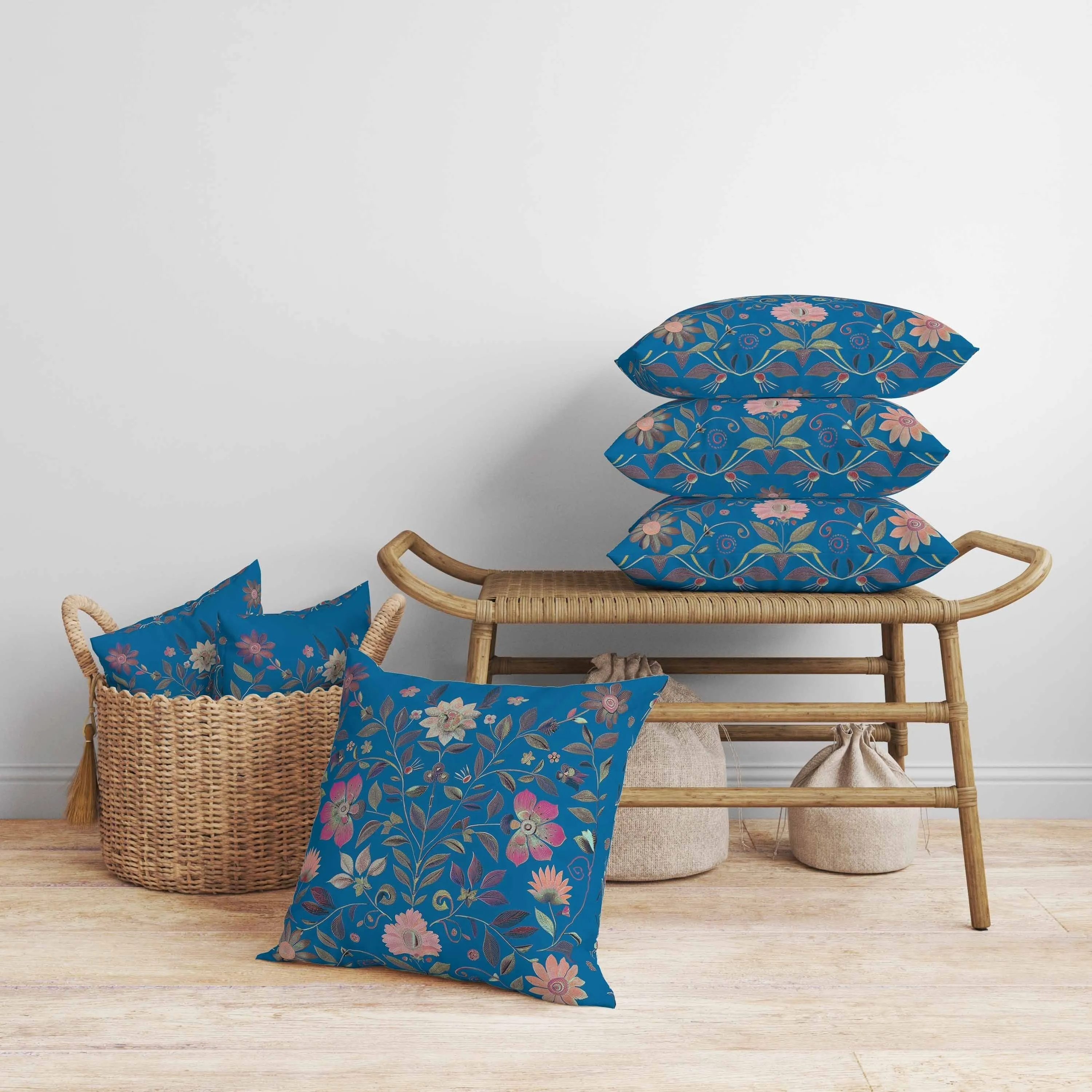 Symmetrical Flora Faux Suede Reversible Throw Pillow Blue and Pink
