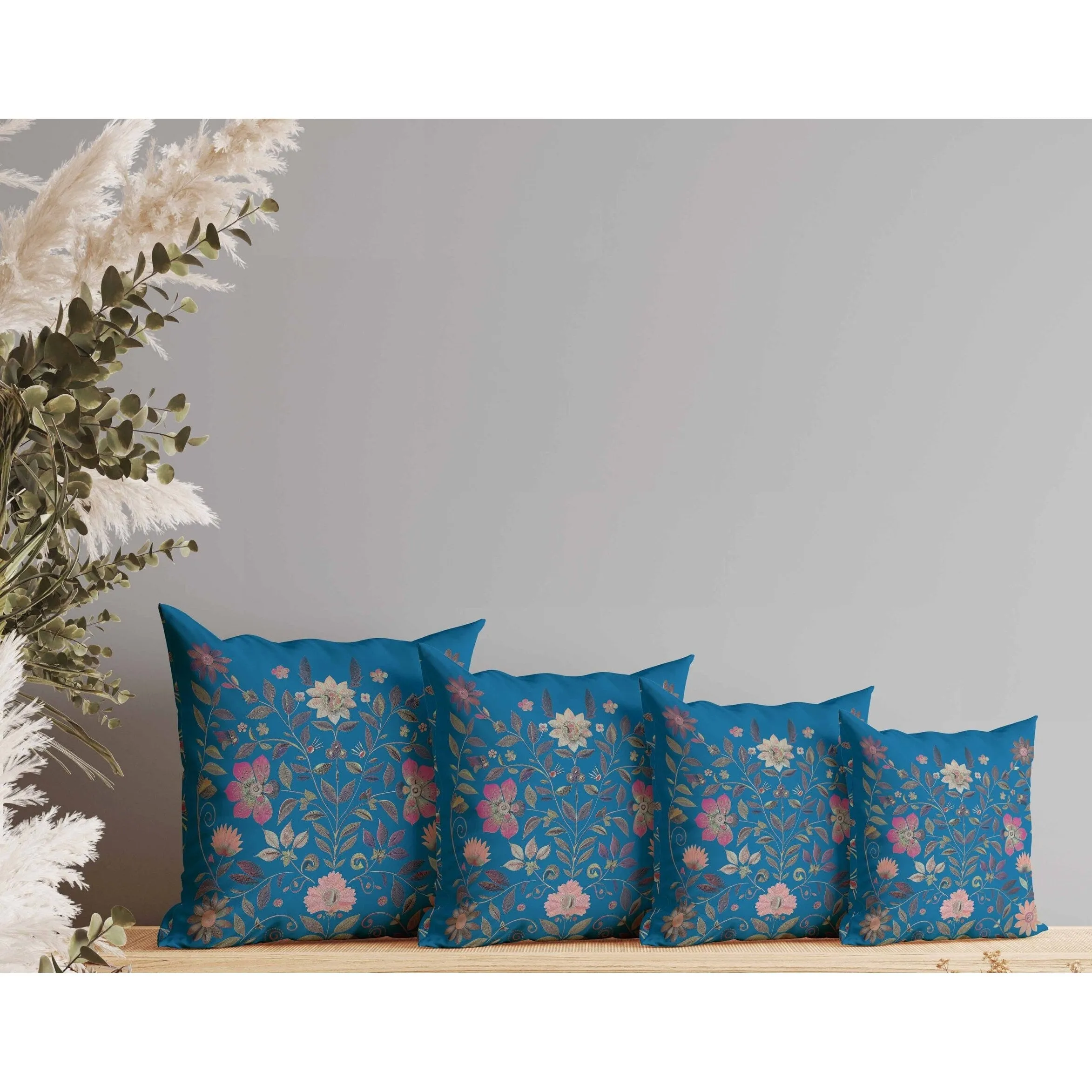 Symmetrical Flora Faux Suede Reversible Throw Pillow Blue and Pink