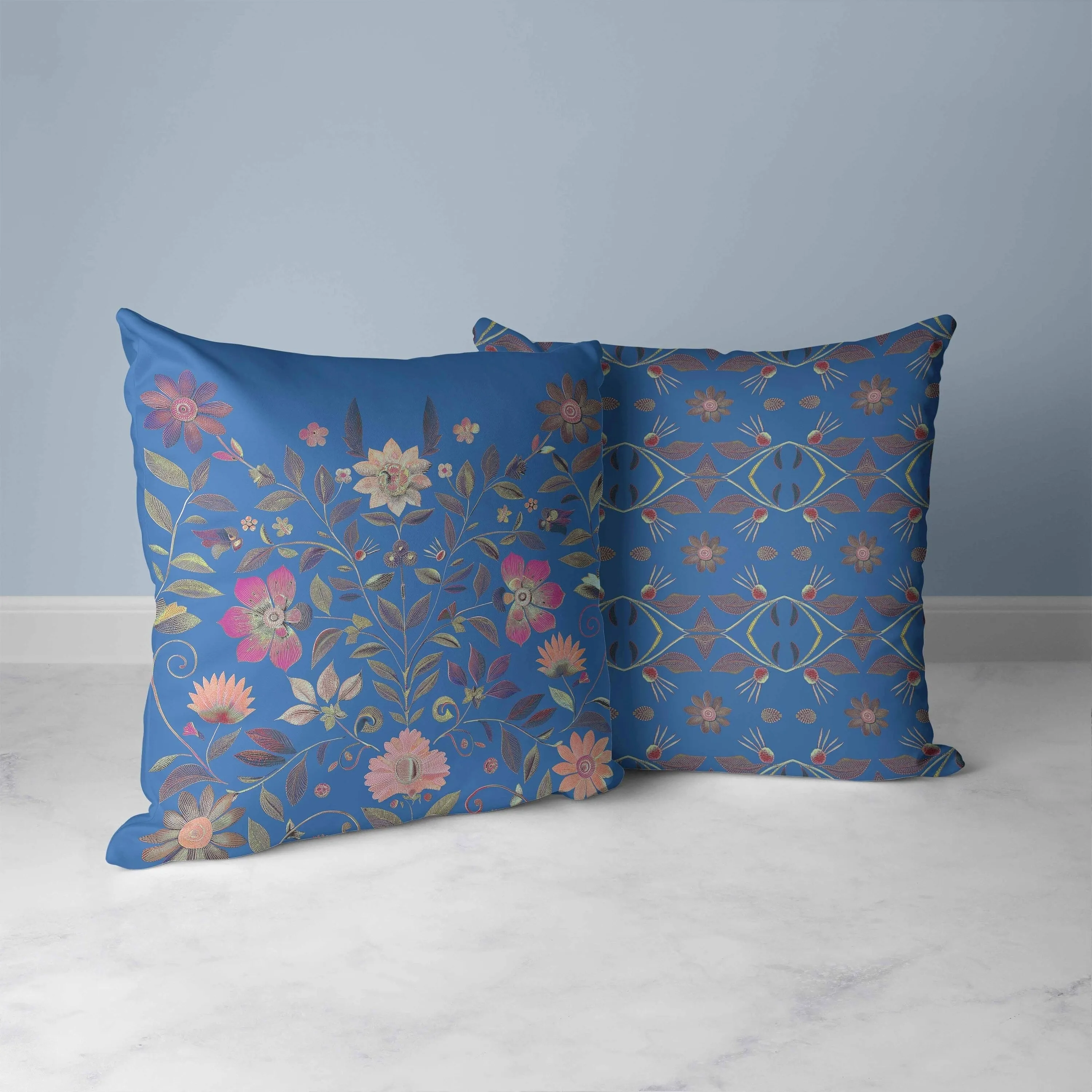 Symmetrical Flora Faux Suede Reversible Throw Pillow Blue and Pink