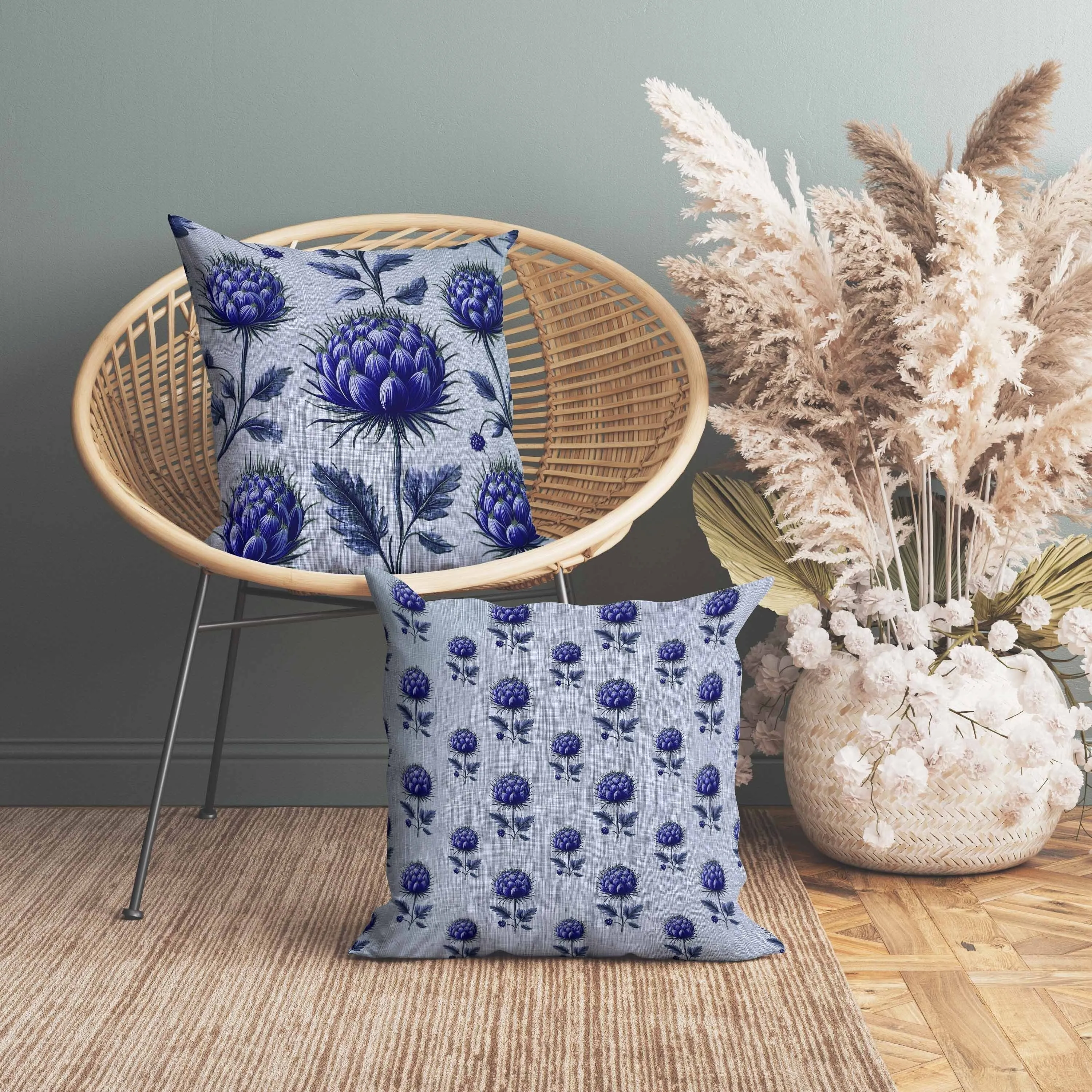 Thistle Garden Faux Suede Reversible Throw Pillow Blue