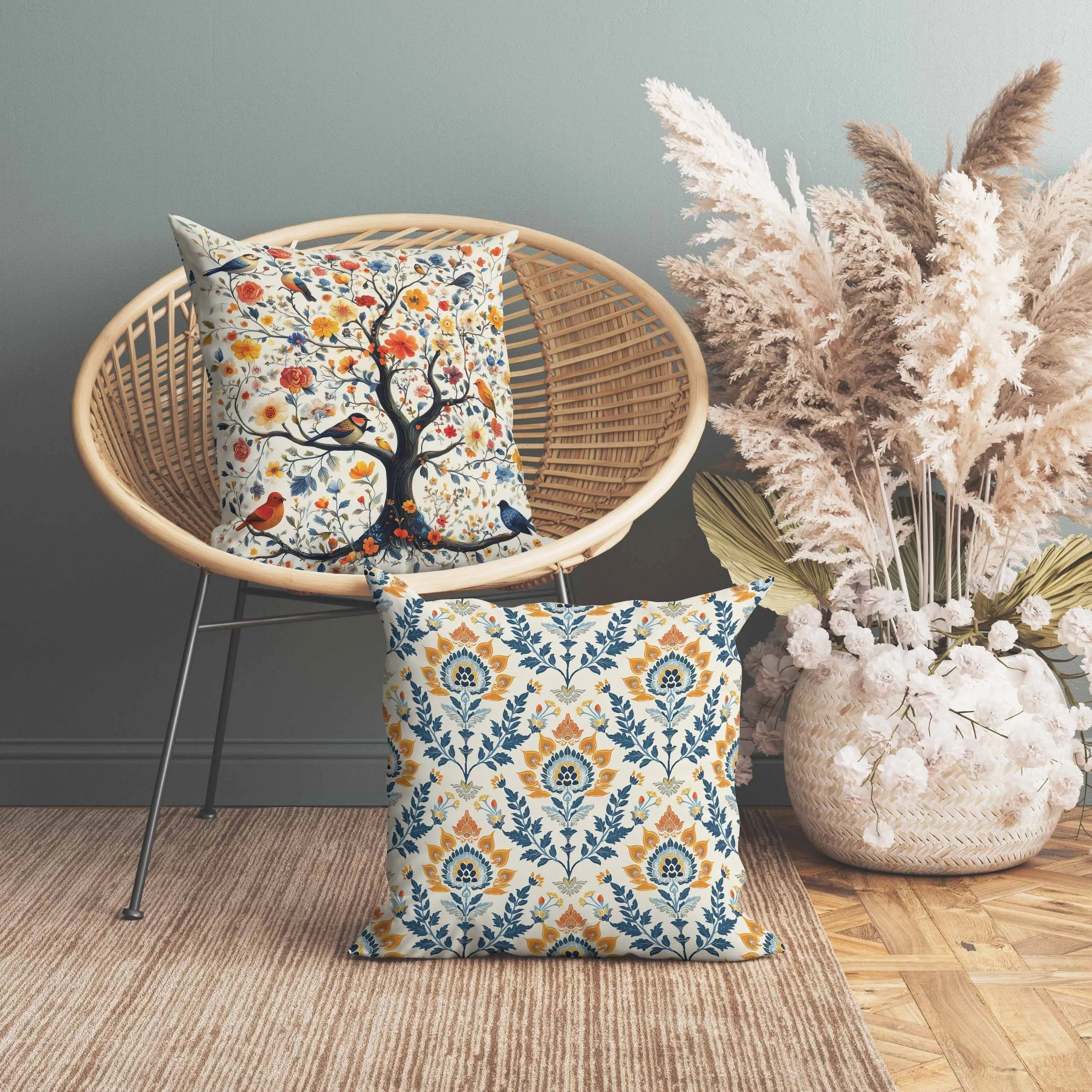 Thousands Flower Tree Faux Suede Reversible Throw Pillow Blue and Orange