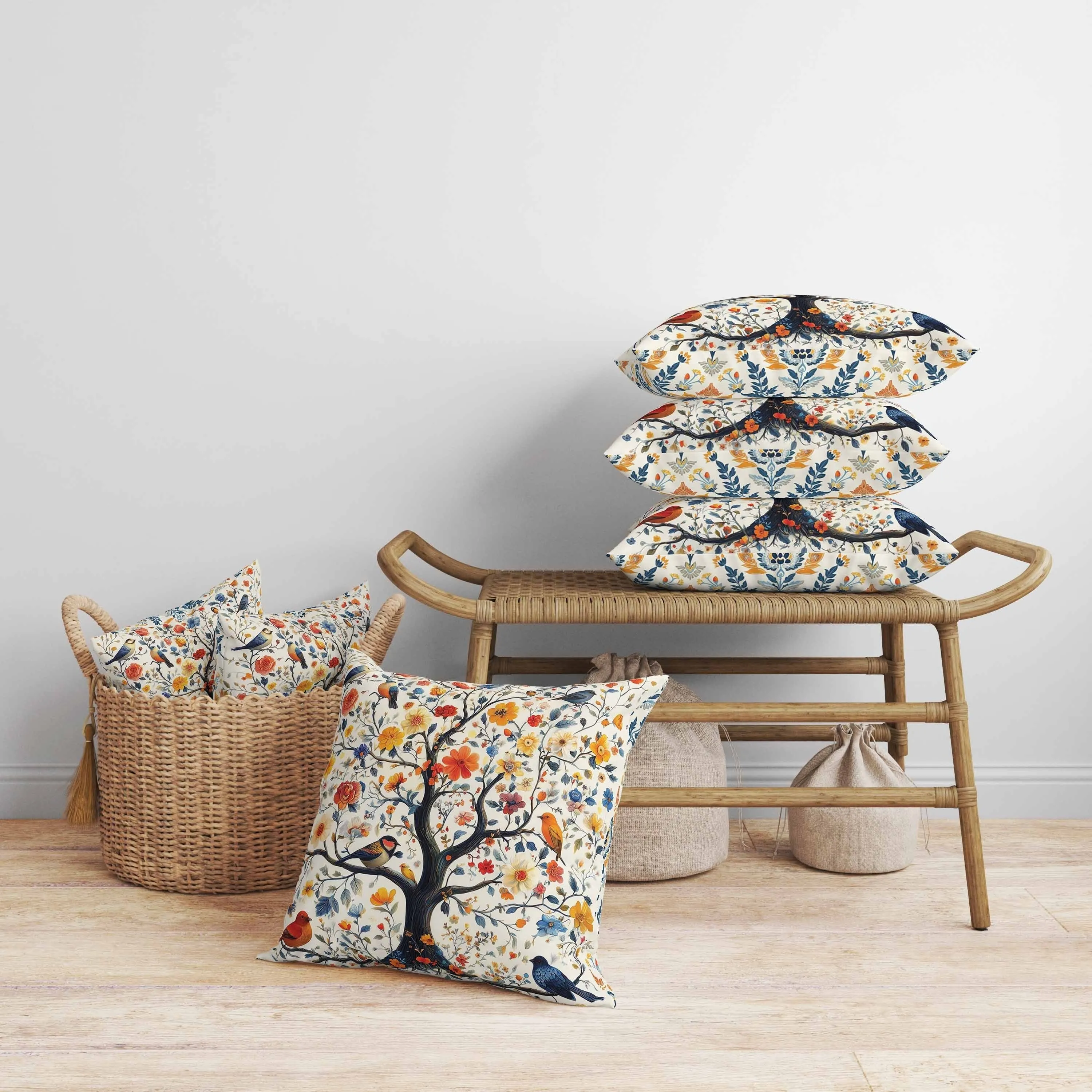 Thousands Flower Tree Faux Suede Reversible Throw Pillow Blue and Orange