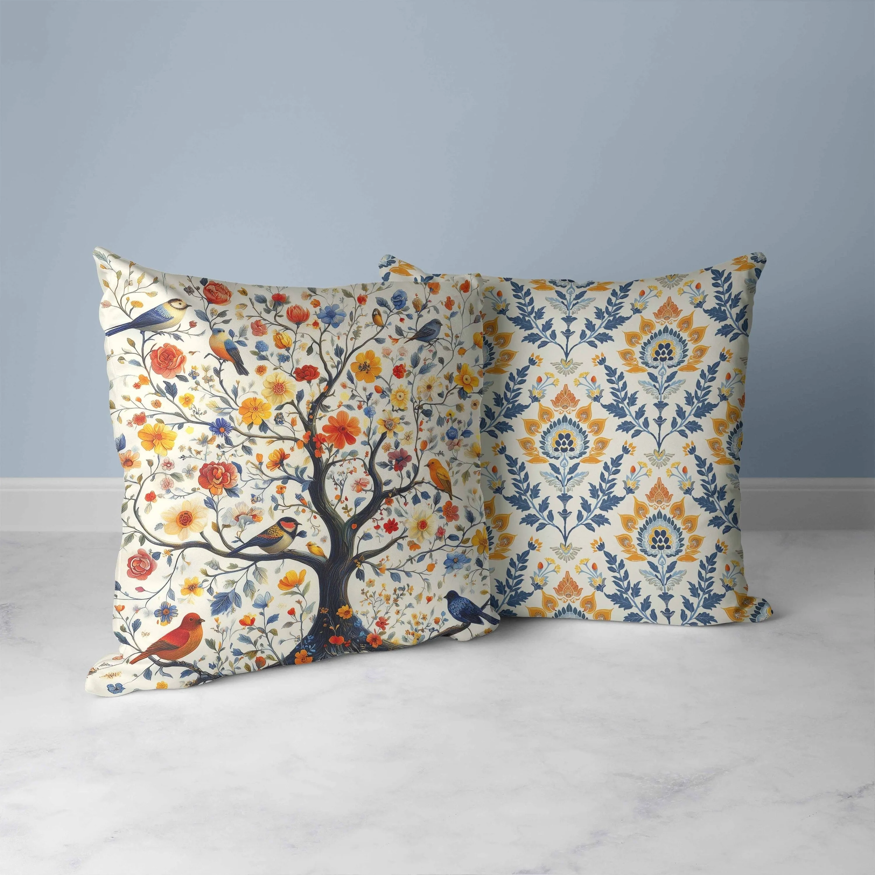 Thousands Flower Tree Faux Suede Reversible Throw Pillow Blue and Orange