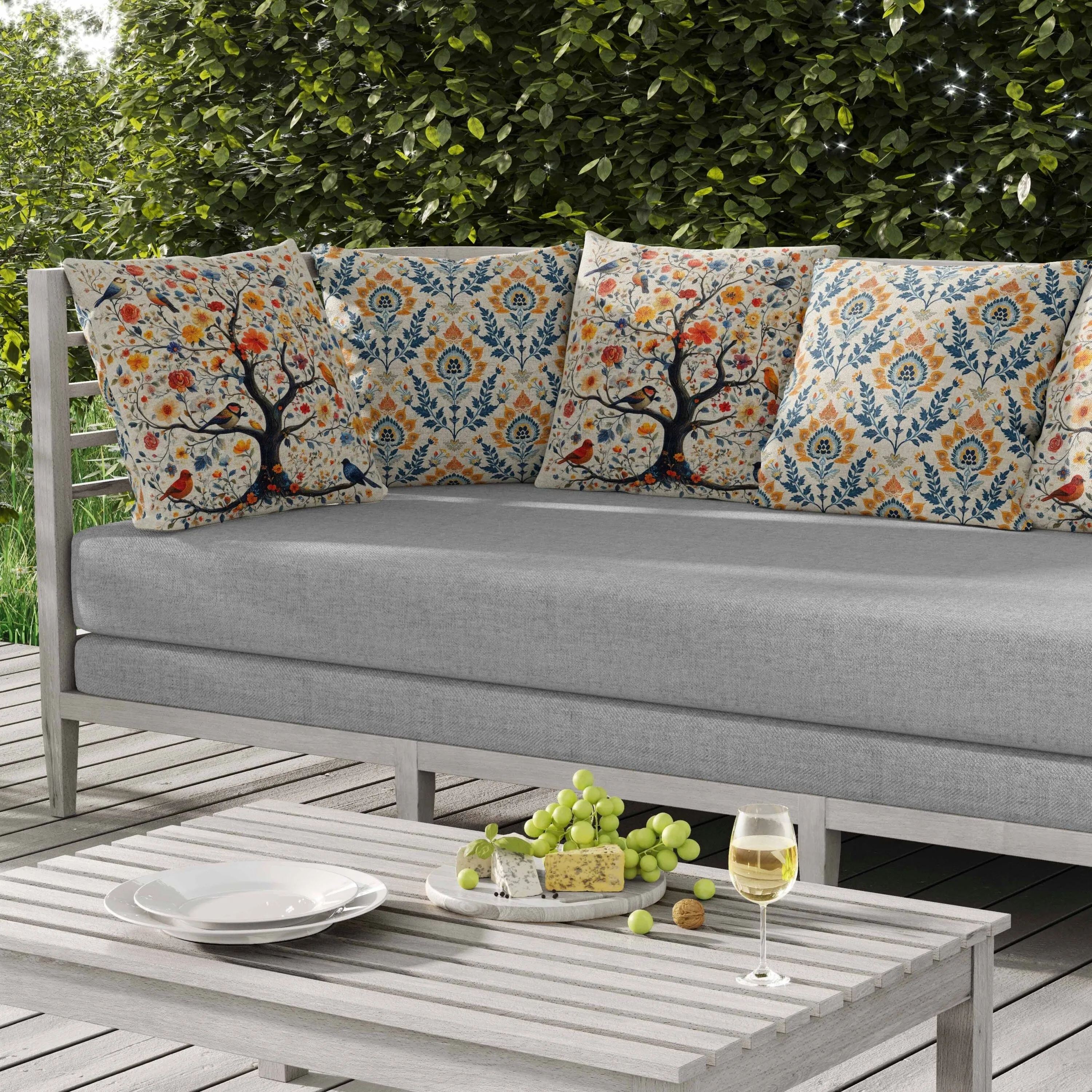 Thousands Flower Tree Indoor/Outdoor Reversible Throw Pillow Blue and Orange