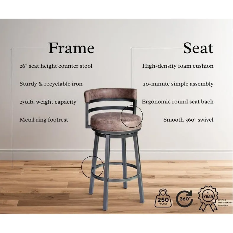 Titana Upholstered Faux Leather and Metal 26 Swivel Counter Stool