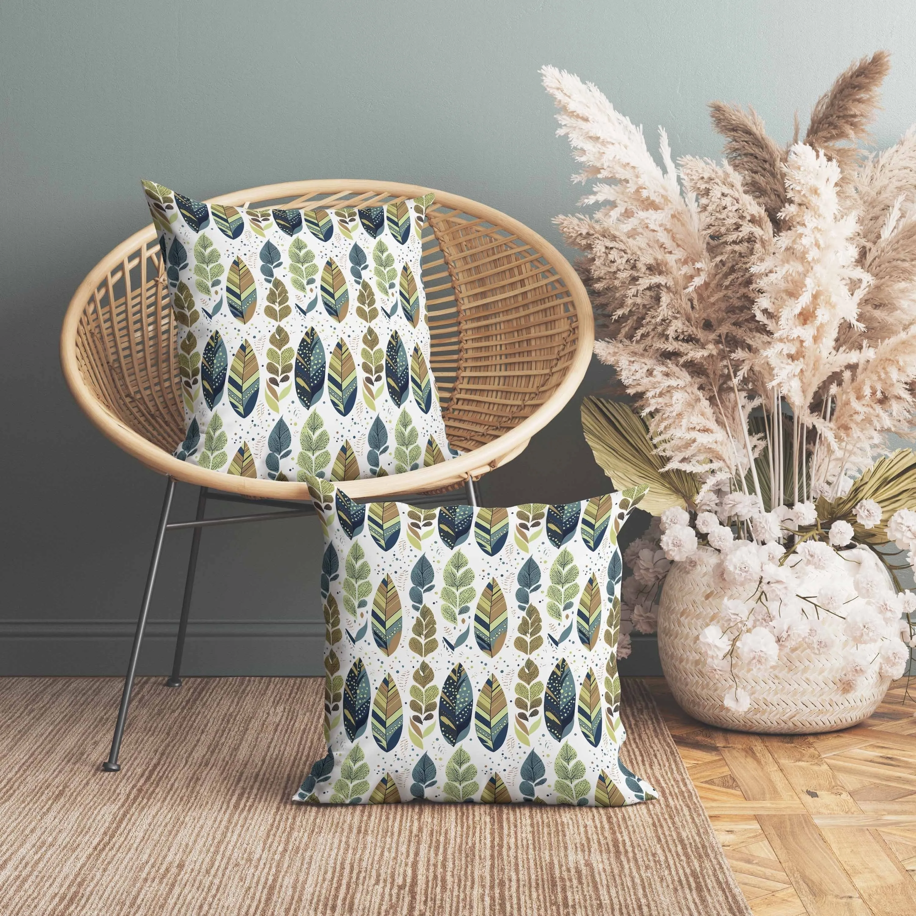 Tribal Leafy Treasures Faux Suede Reversible Throw Pillow Green and Blue