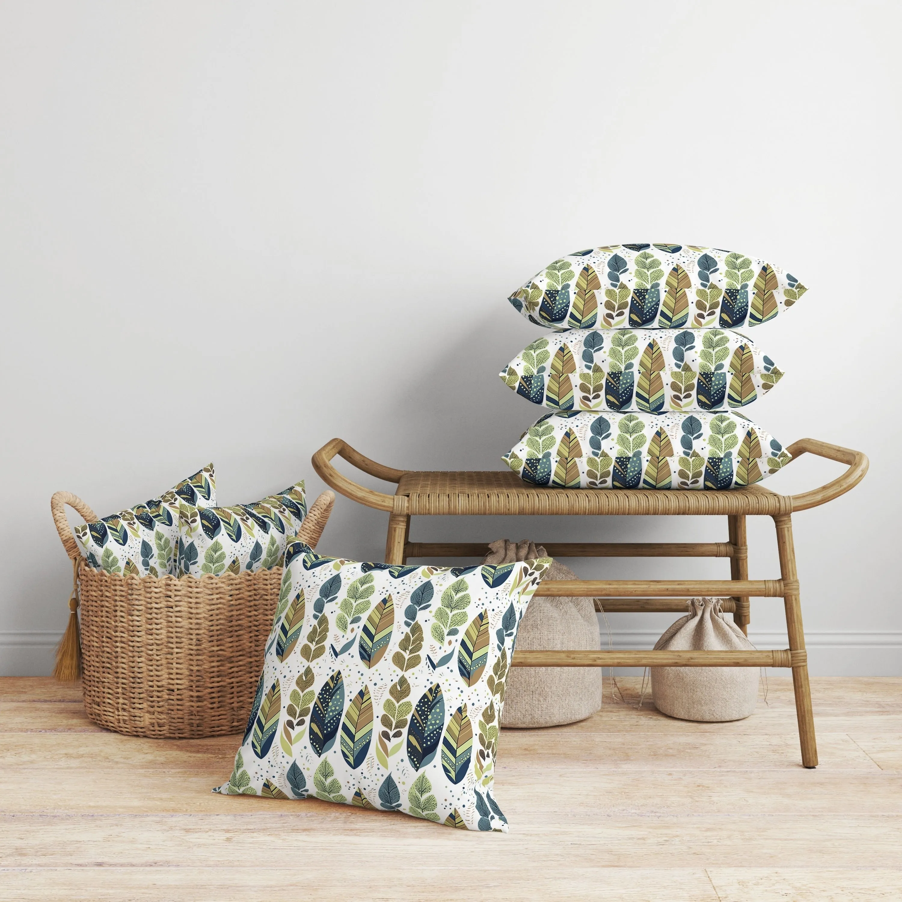 Tribal Leafy Treasures Faux Suede Reversible Throw Pillow Green and Blue
