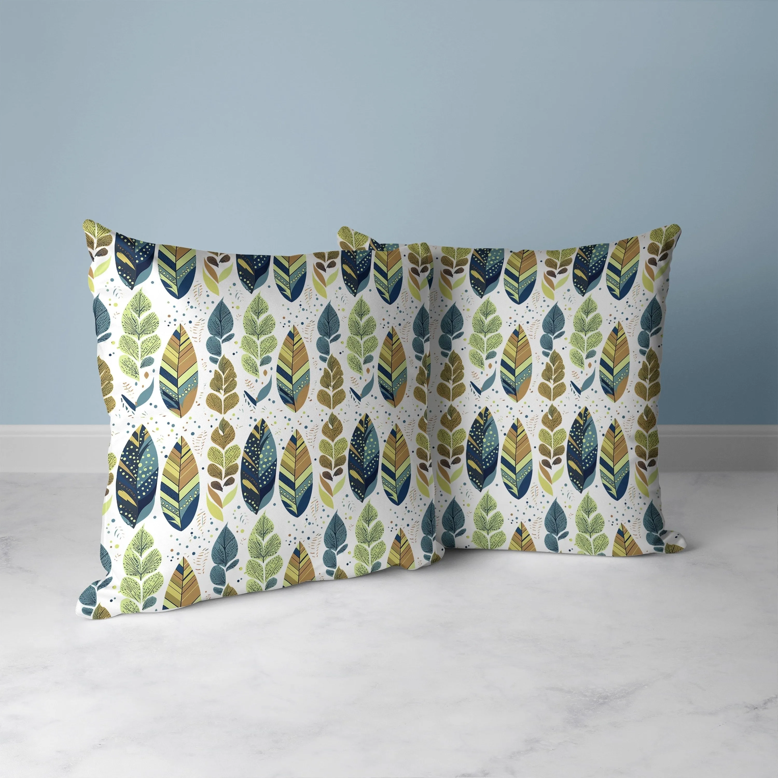Tribal Leafy Treasures Faux Suede Reversible Throw Pillow Green and Blue