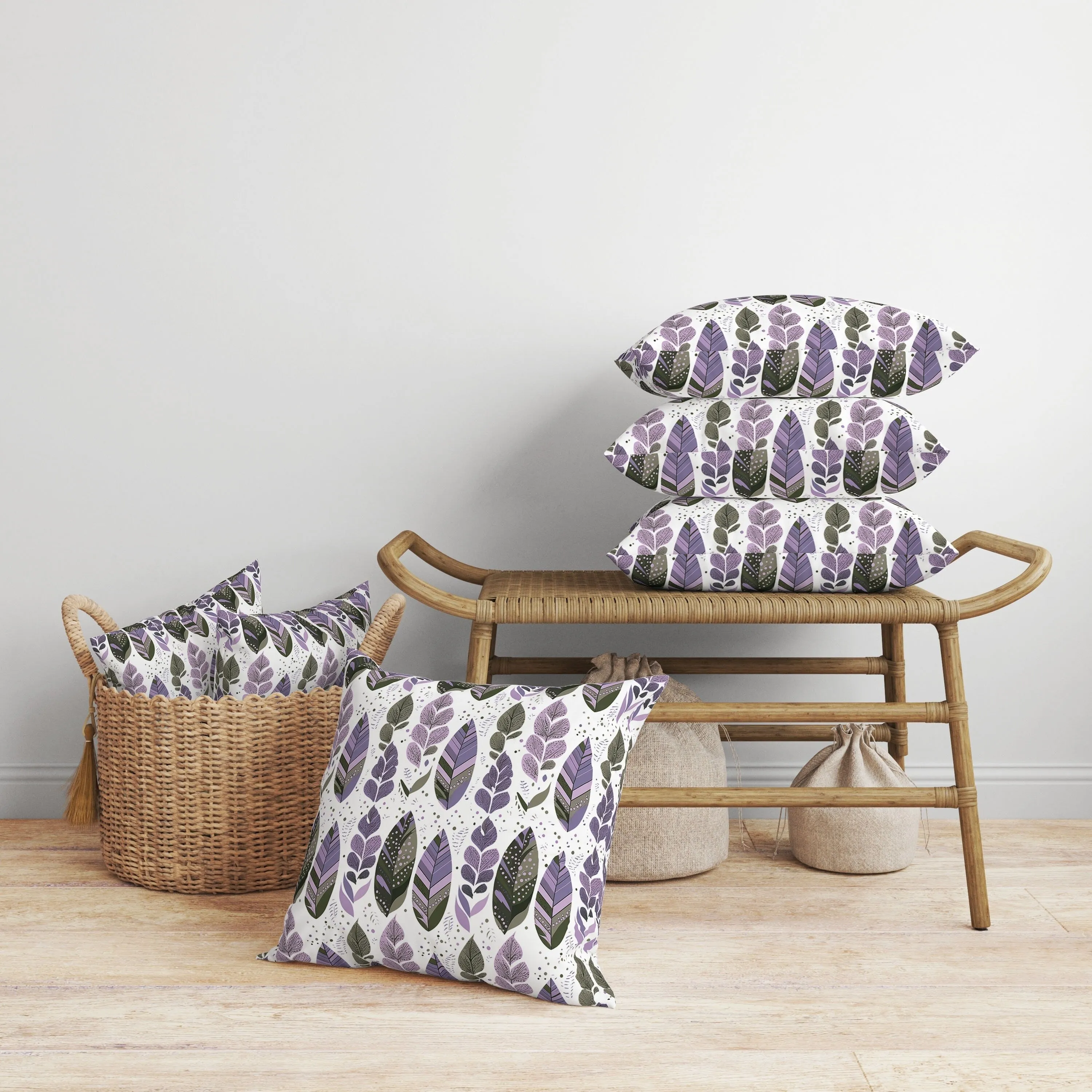 Tribal Leafy Treasures Faux Suede Reversible Throw Pillow Purple and Green