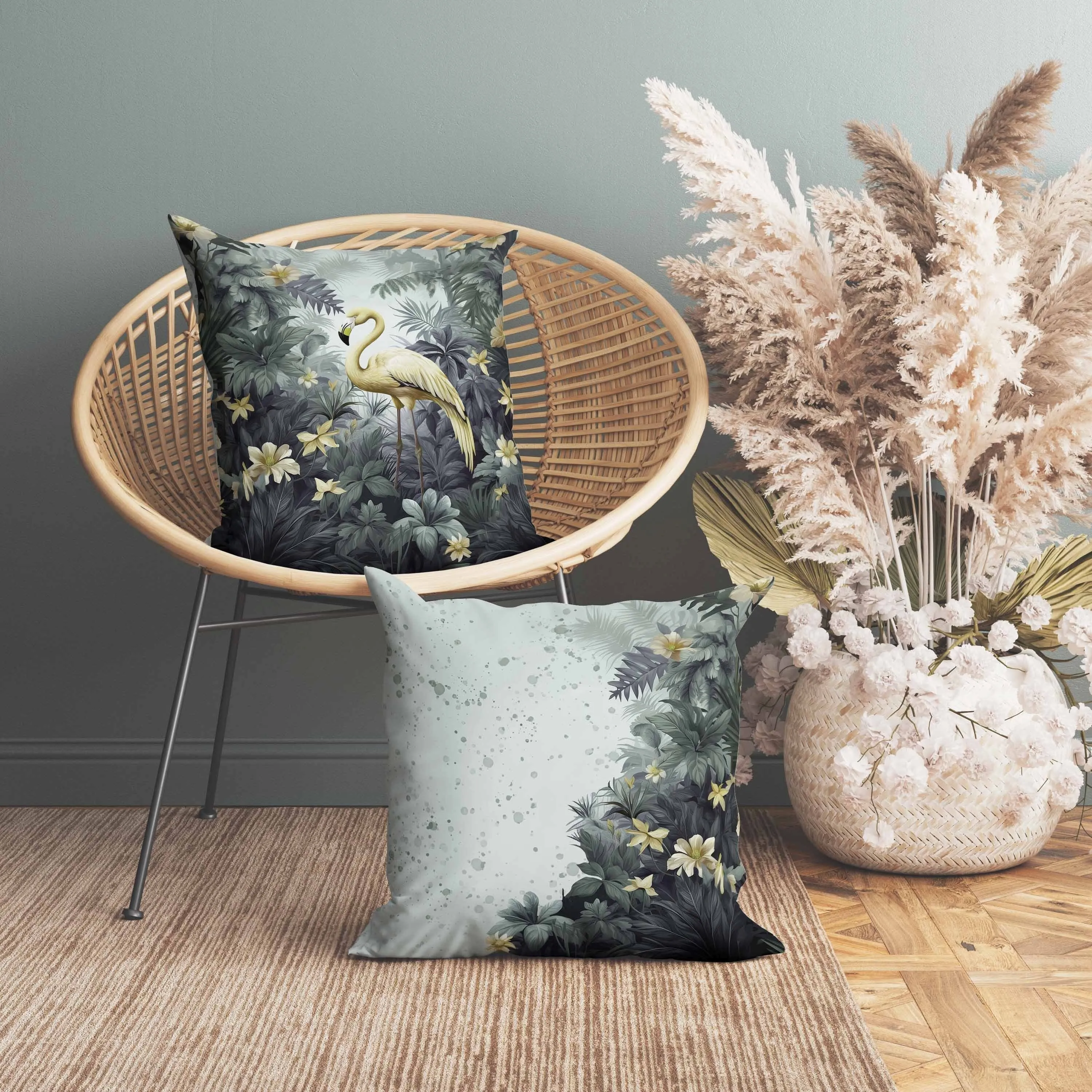 Tropical Flamingo Haven Faux Suede Reversible Throw Pillow Green and Yellow