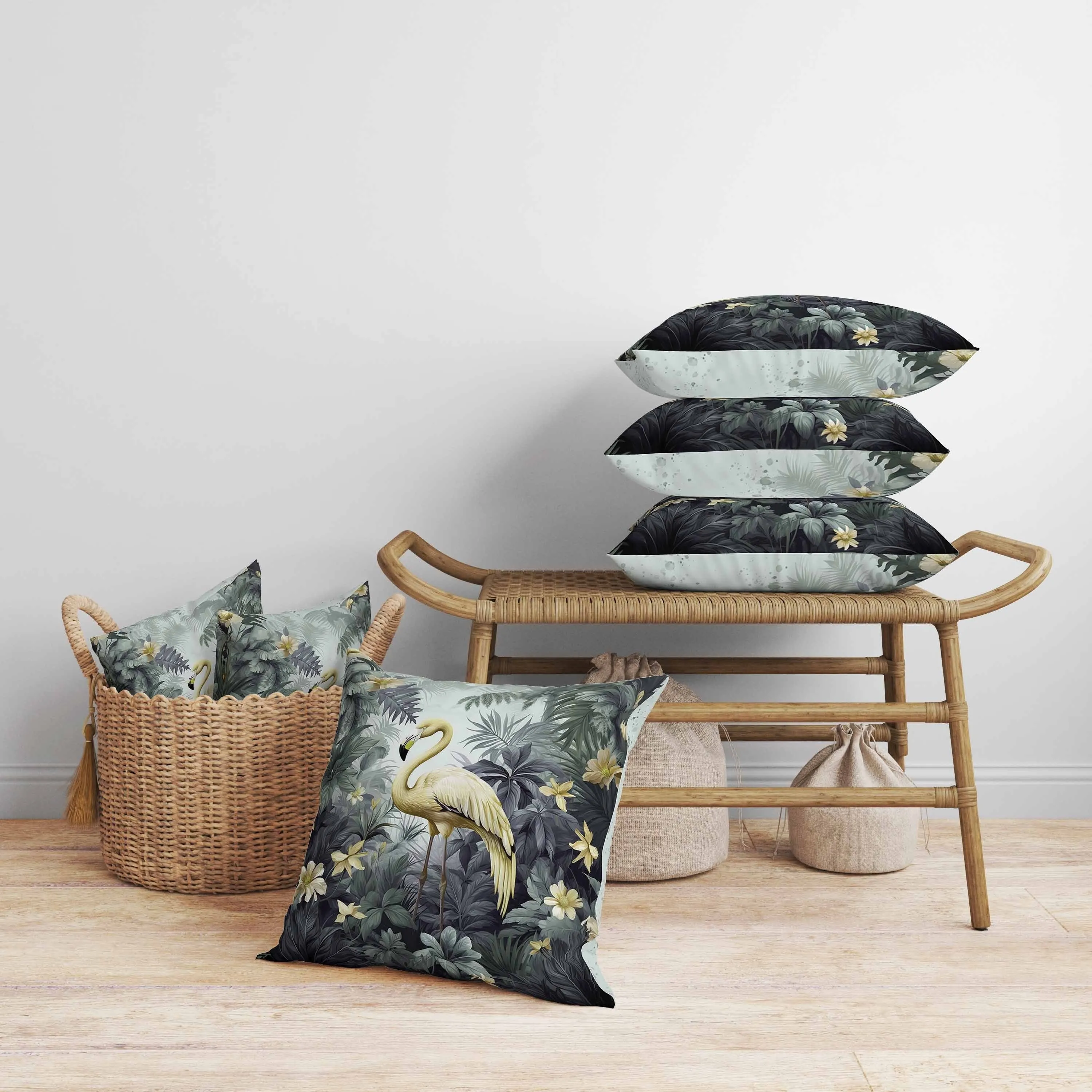 Tropical Flamingo Haven Faux Suede Reversible Throw Pillow Green and Yellow