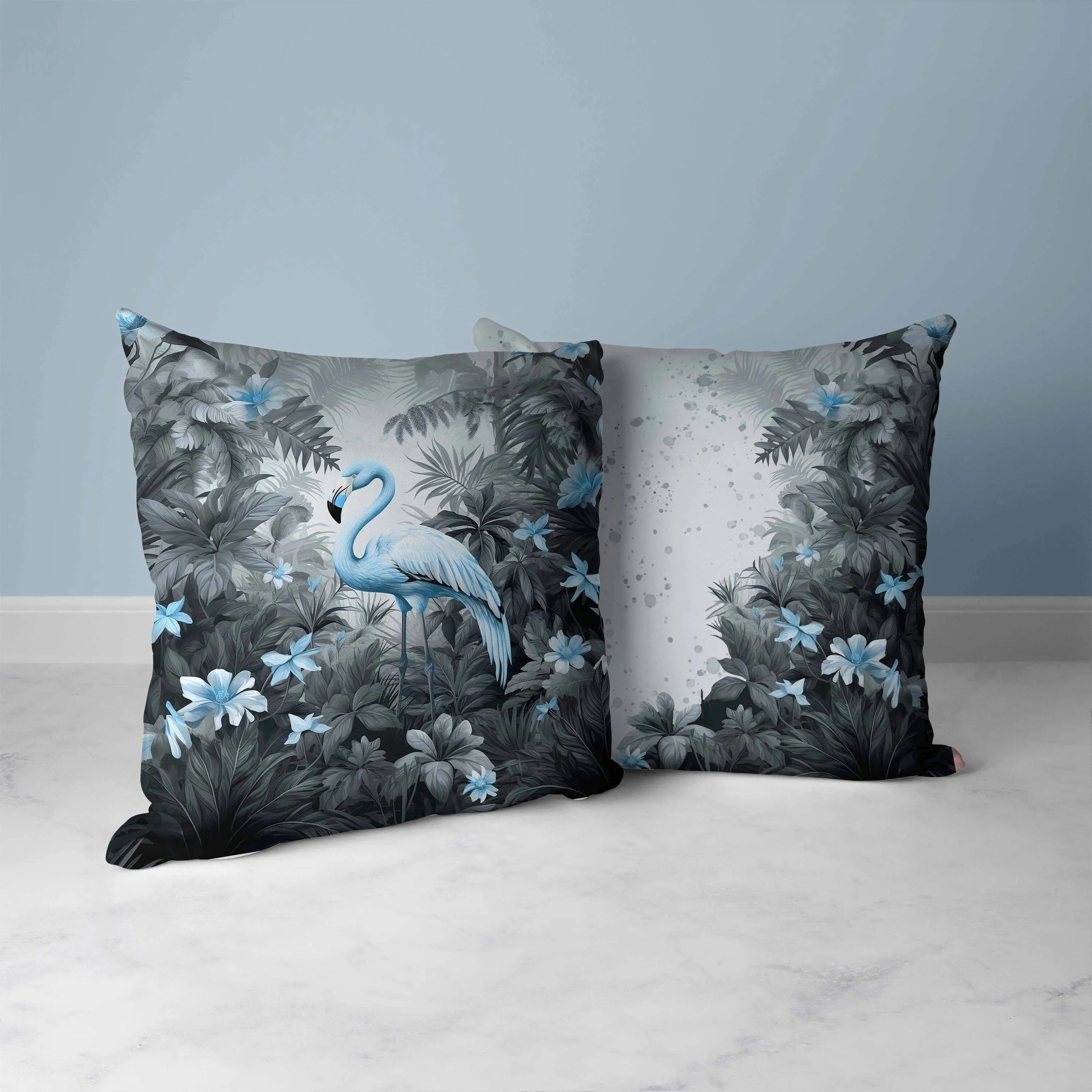 Tropical Flamingo Haven Faux Suede Reversible Throw Pillow Grey and Blue