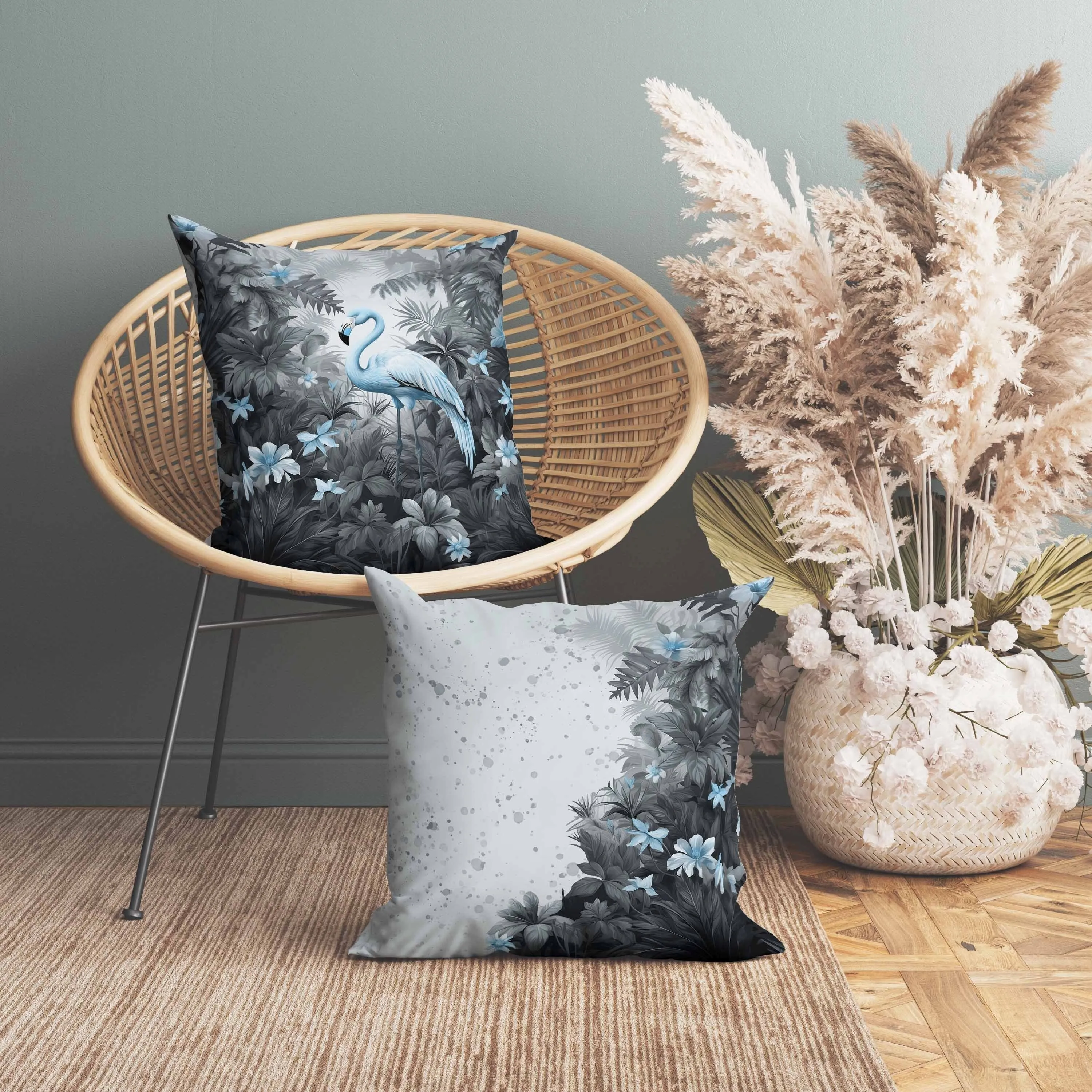 Tropical Flamingo Haven Faux Suede Reversible Throw Pillow Grey and Blue