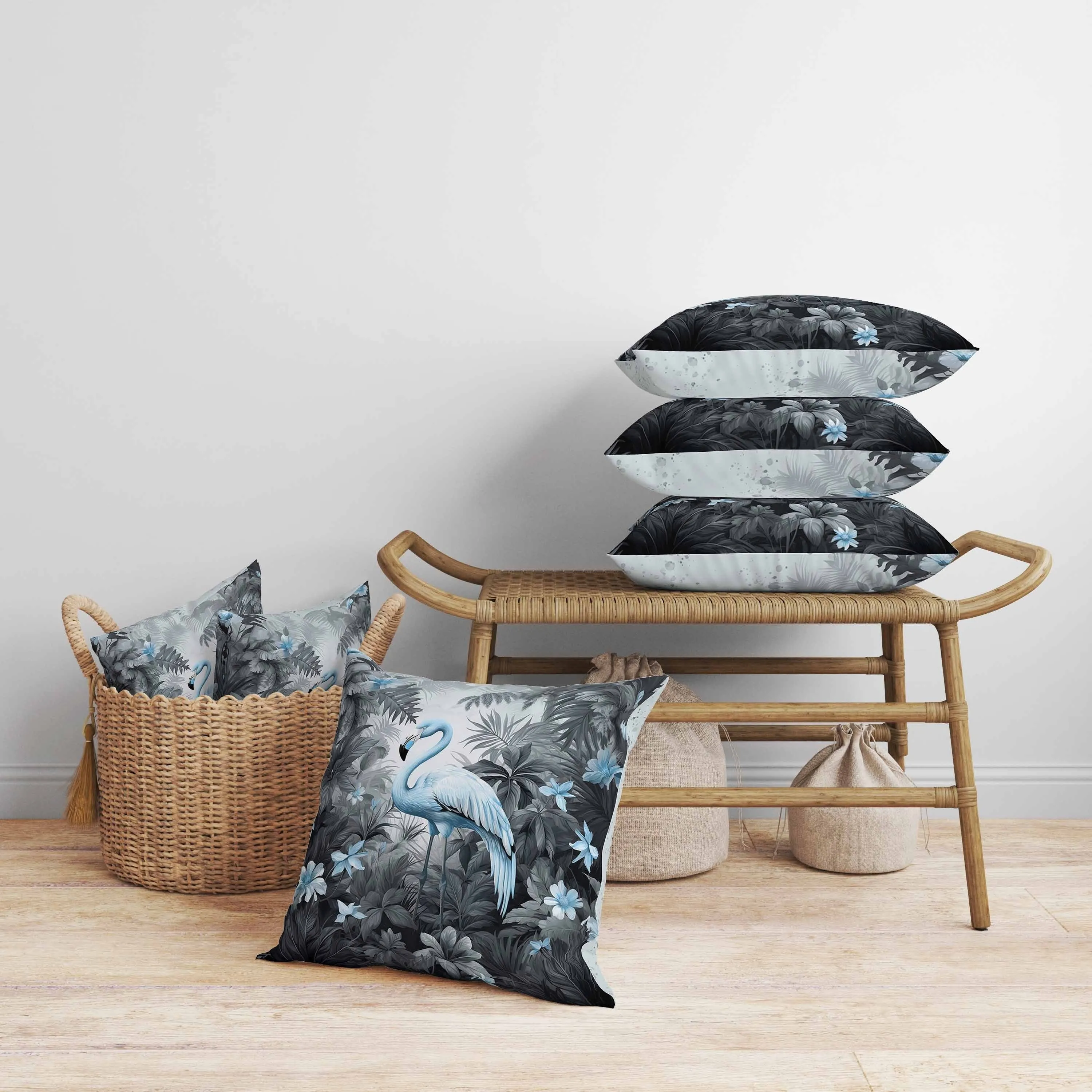 Tropical Flamingo Haven Faux Suede Reversible Throw Pillow Grey and Blue