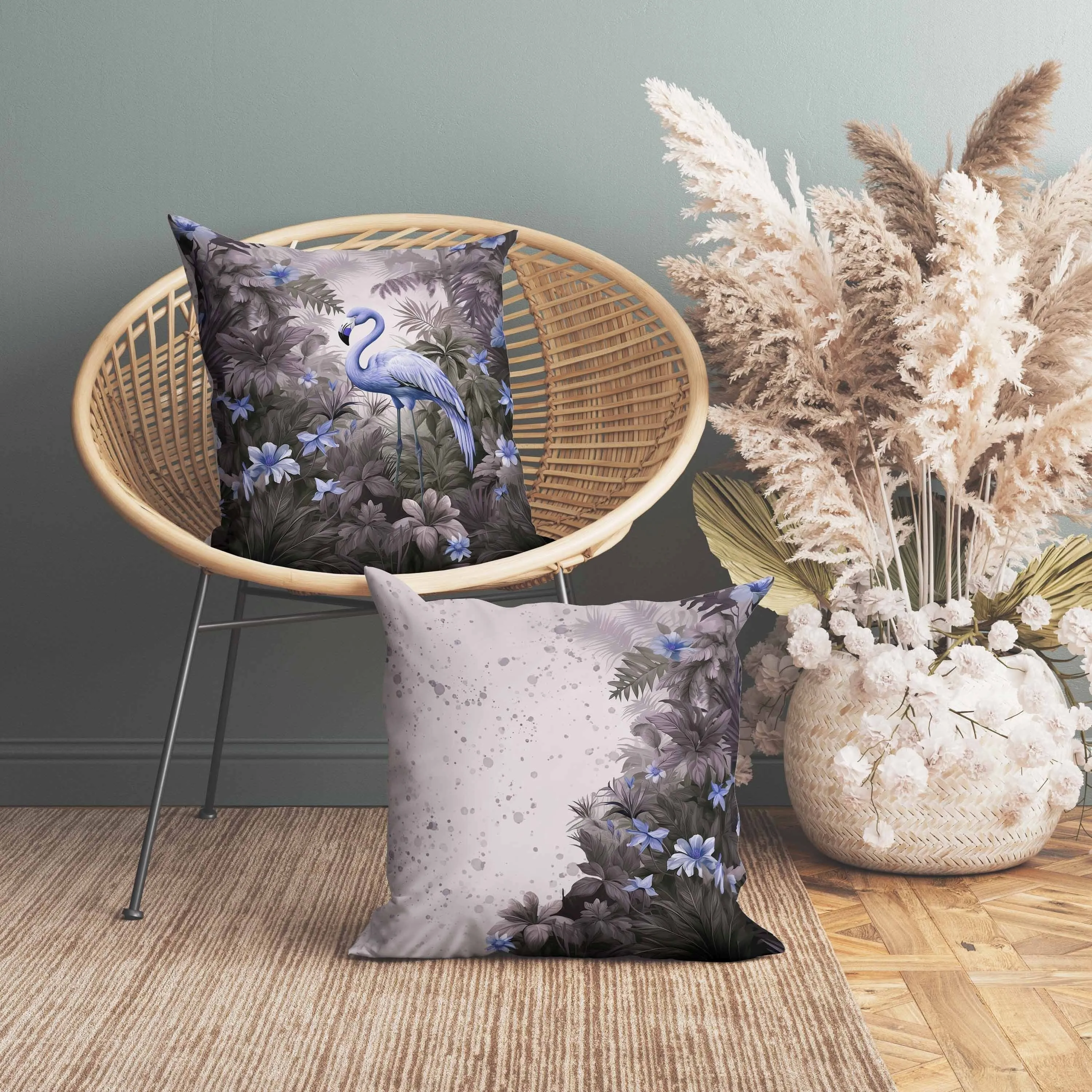 Tropical Flamingo Haven Indoor/Outdoor Reversible Throw Pillow Purple and Blue