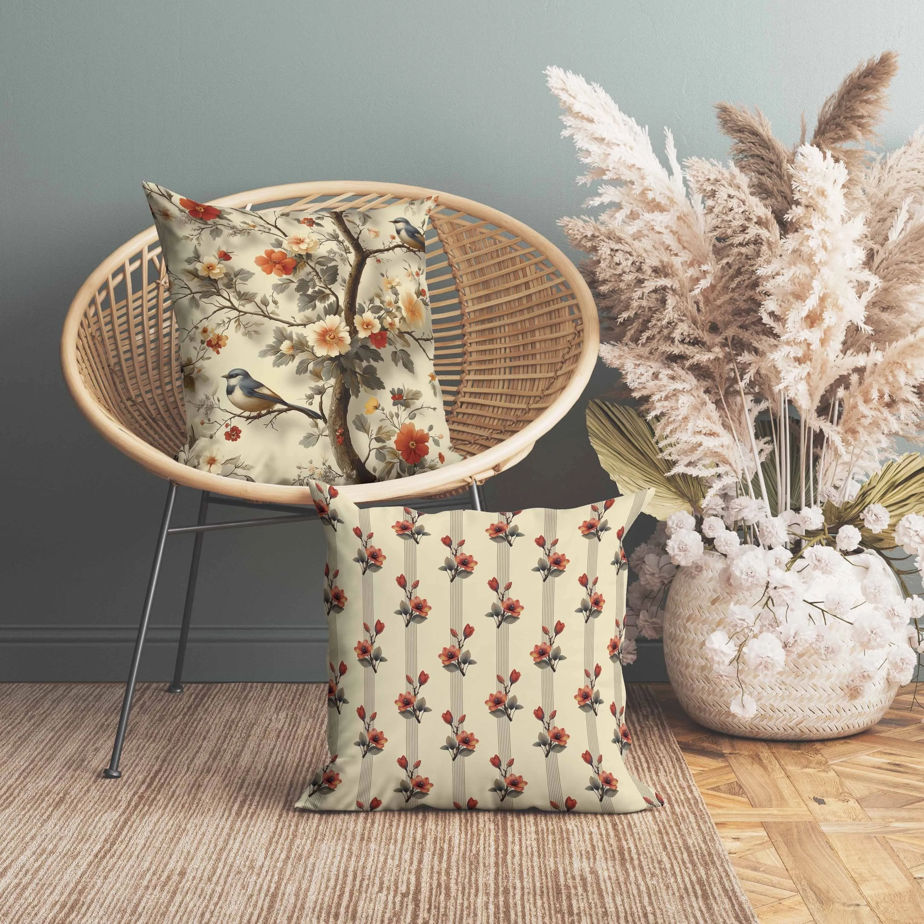 Two Birds n Flowers Faux Suede Reversible Throw Pillow Beige and Red