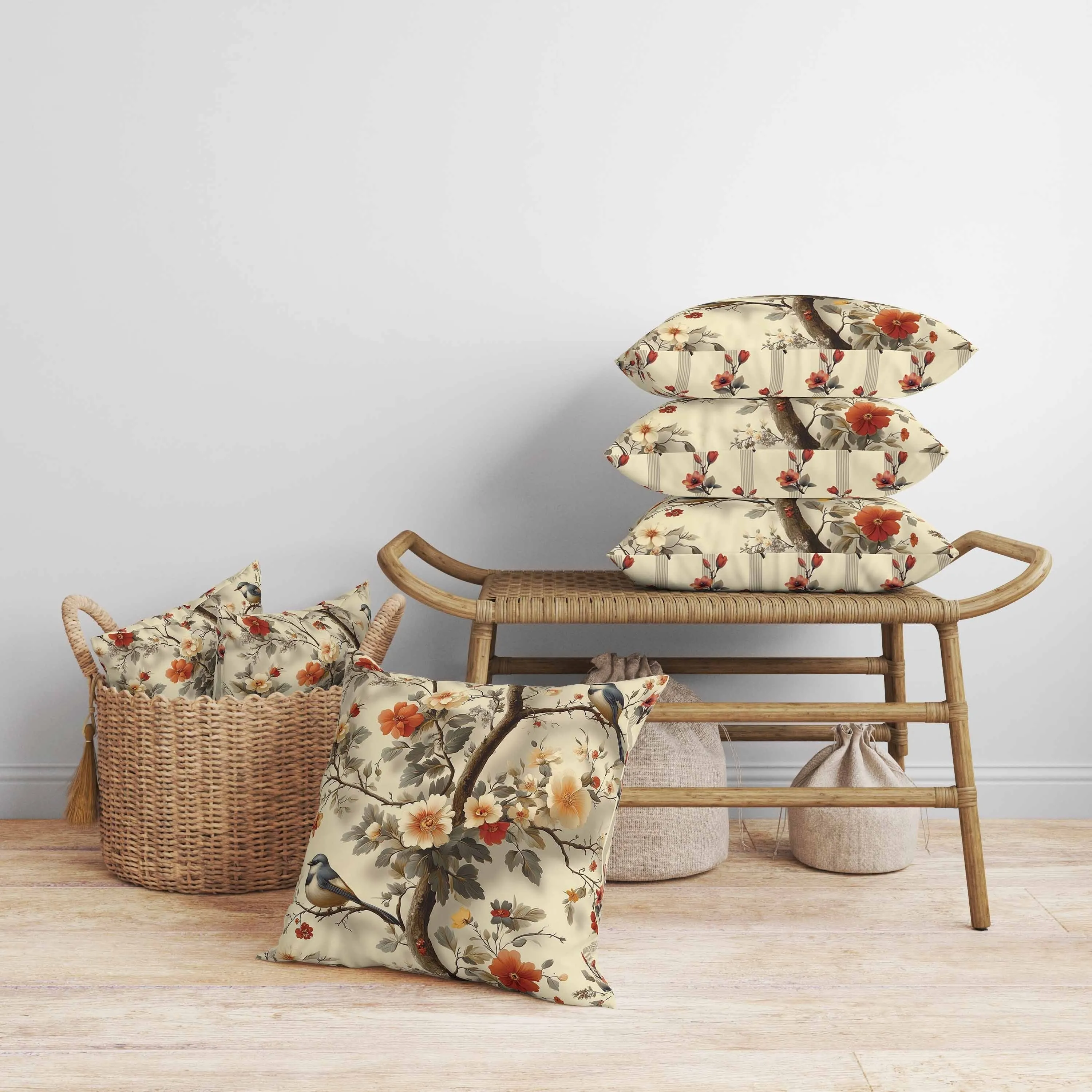 Two Birds n Flowers Faux Suede Reversible Throw Pillow Beige and Red