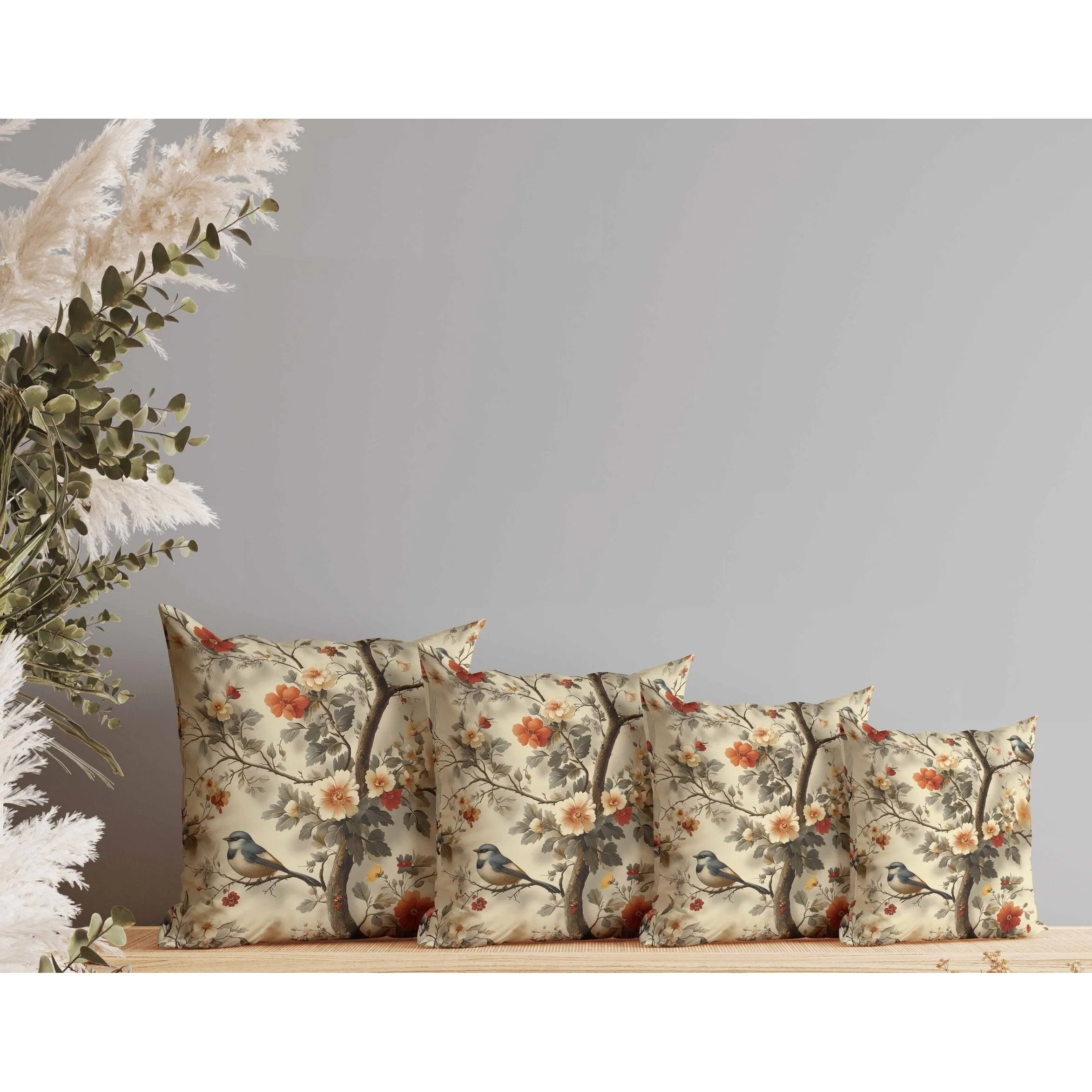 Two Birds n Flowers Faux Suede Reversible Throw Pillow Beige and Red