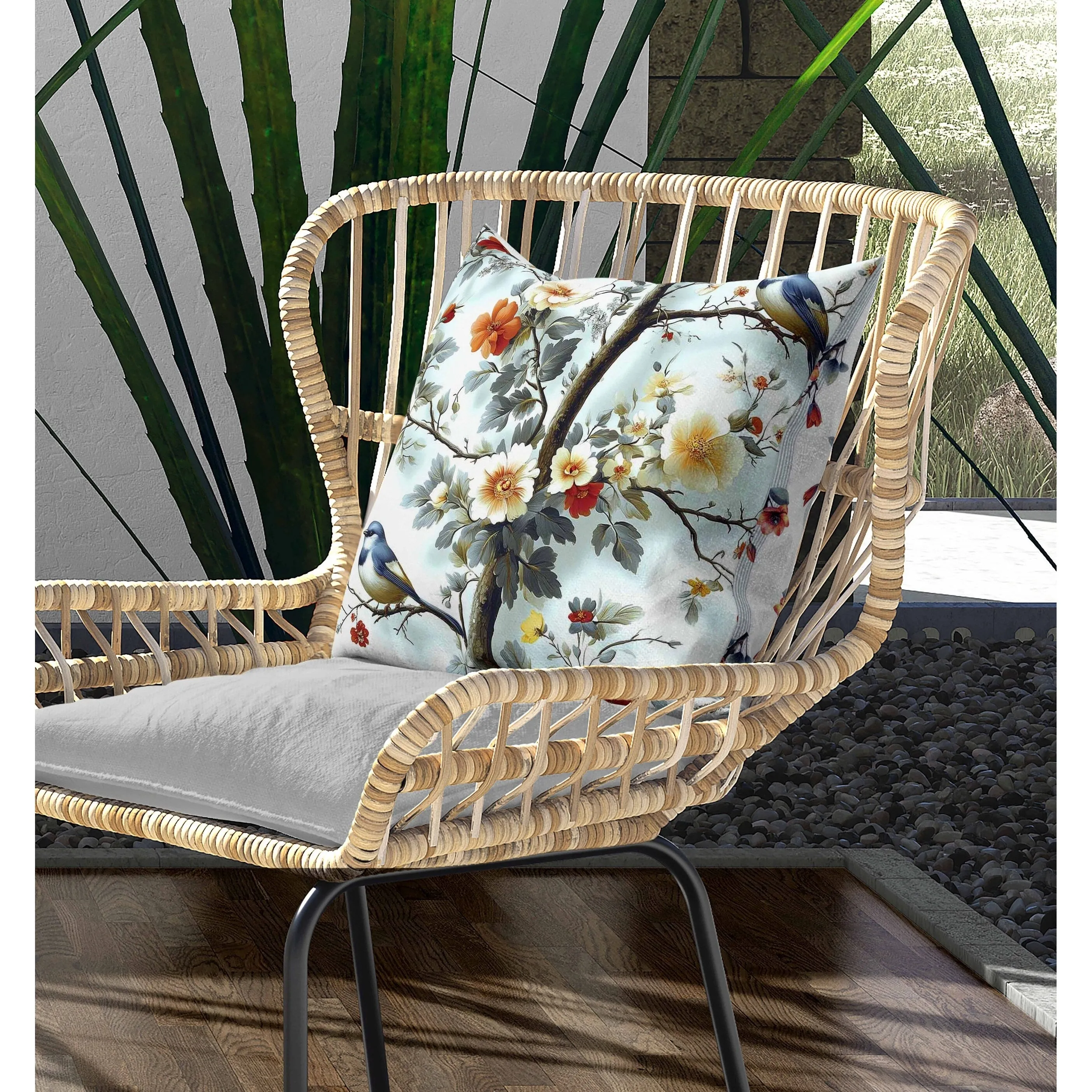 Two Birds n Flowers Indoor/Outdoor Reversible Throw Pillow Blue and Red