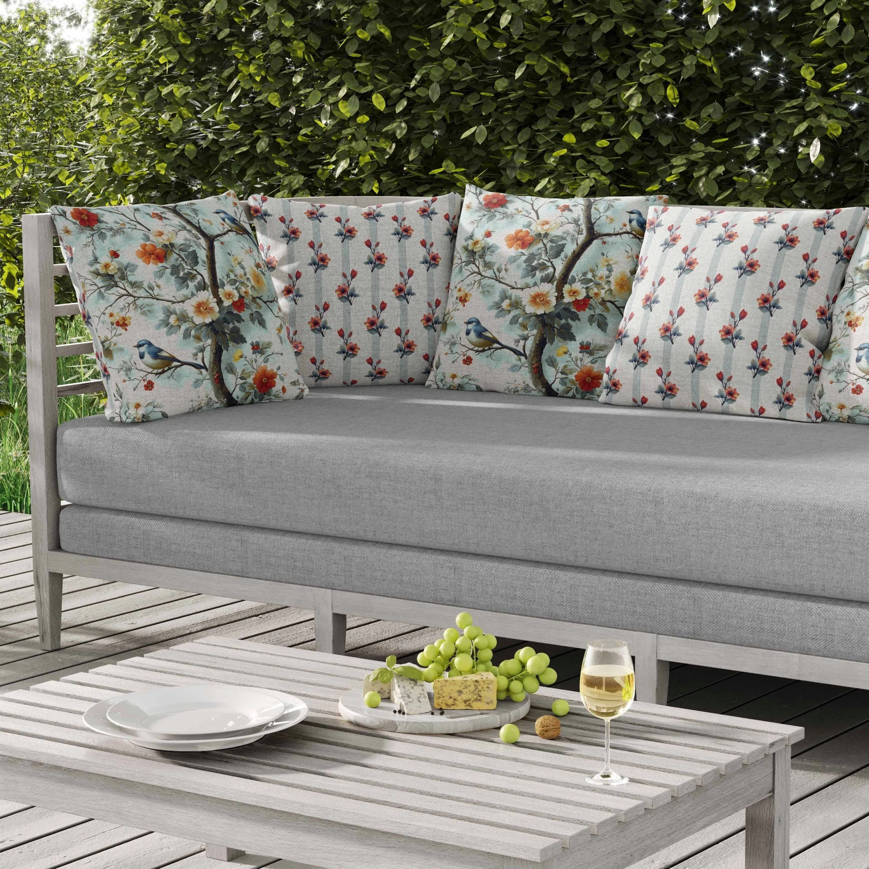 Two Birds n Flowers Indoor/Outdoor Reversible Throw Pillow Blue and Red