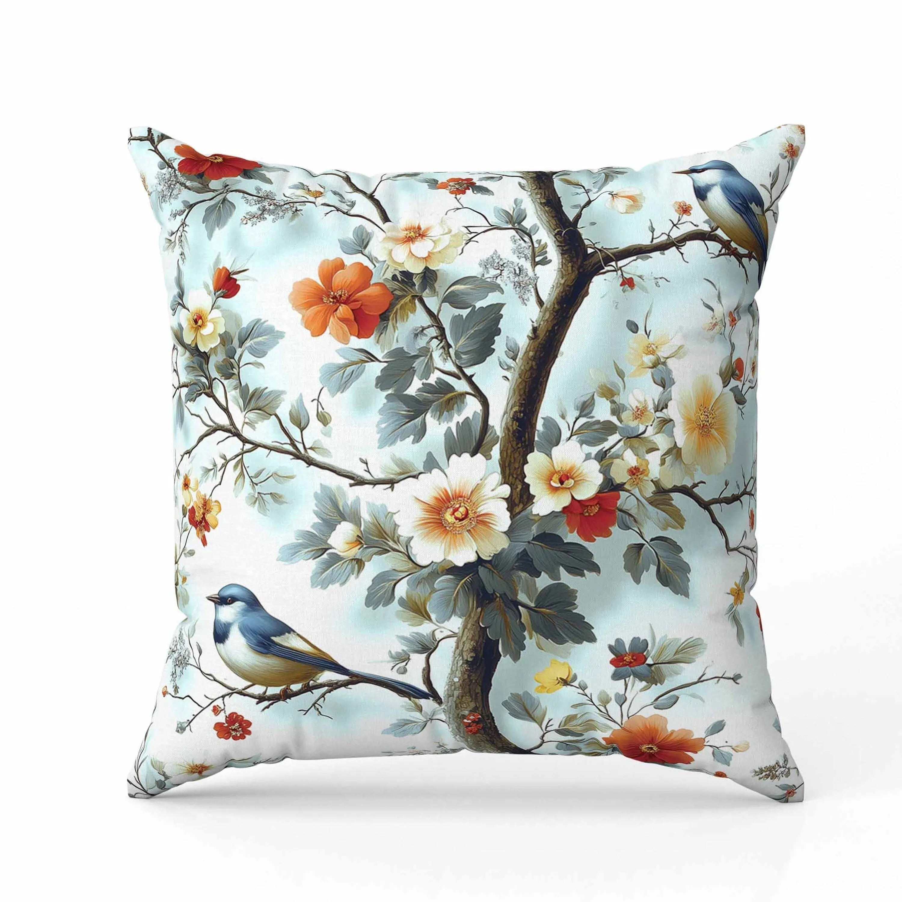 Two Birds n Flowers Indoor/Outdoor Reversible Throw Pillow Blue and Red