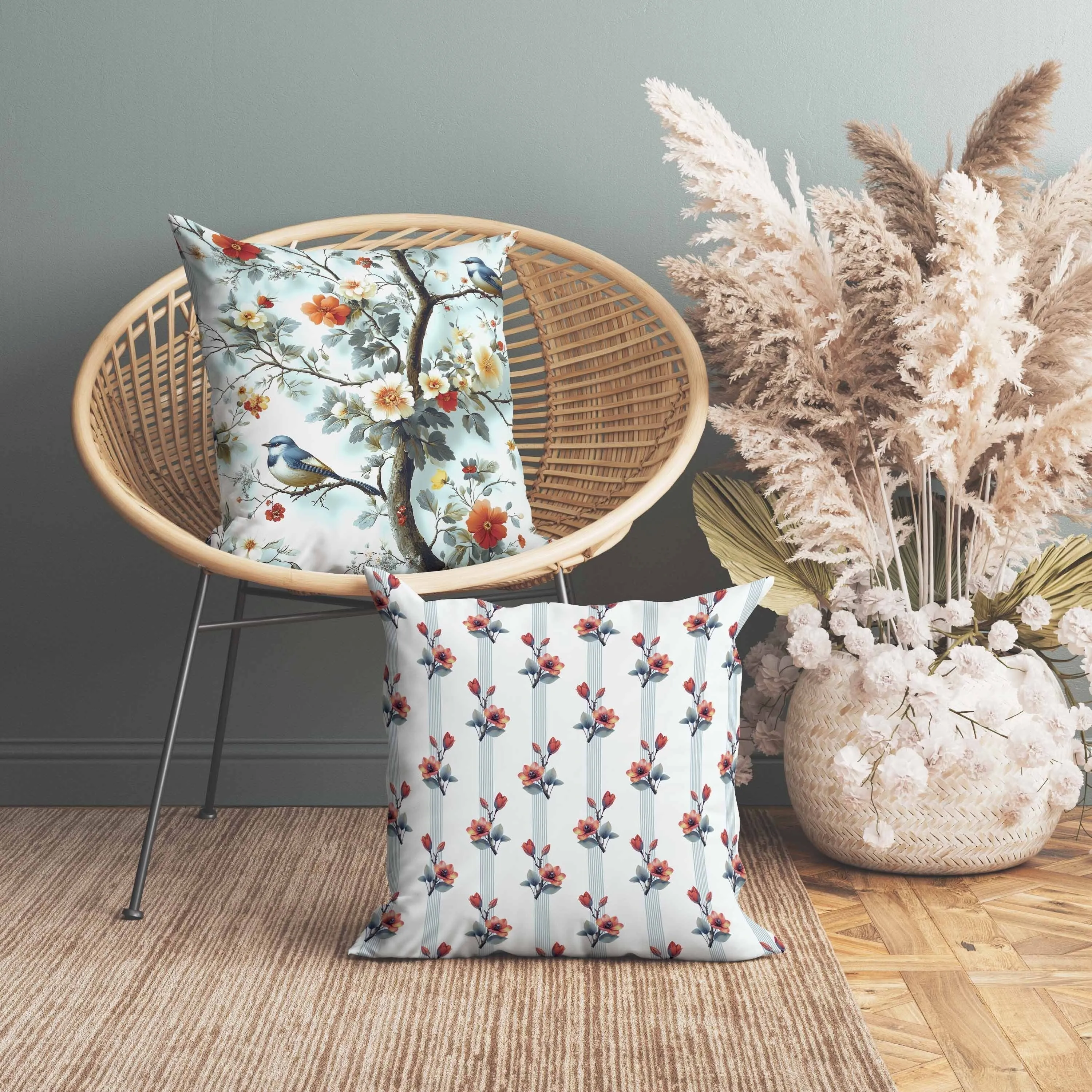 Two Birds n Flowers Indoor/Outdoor Reversible Throw Pillow Blue and Red