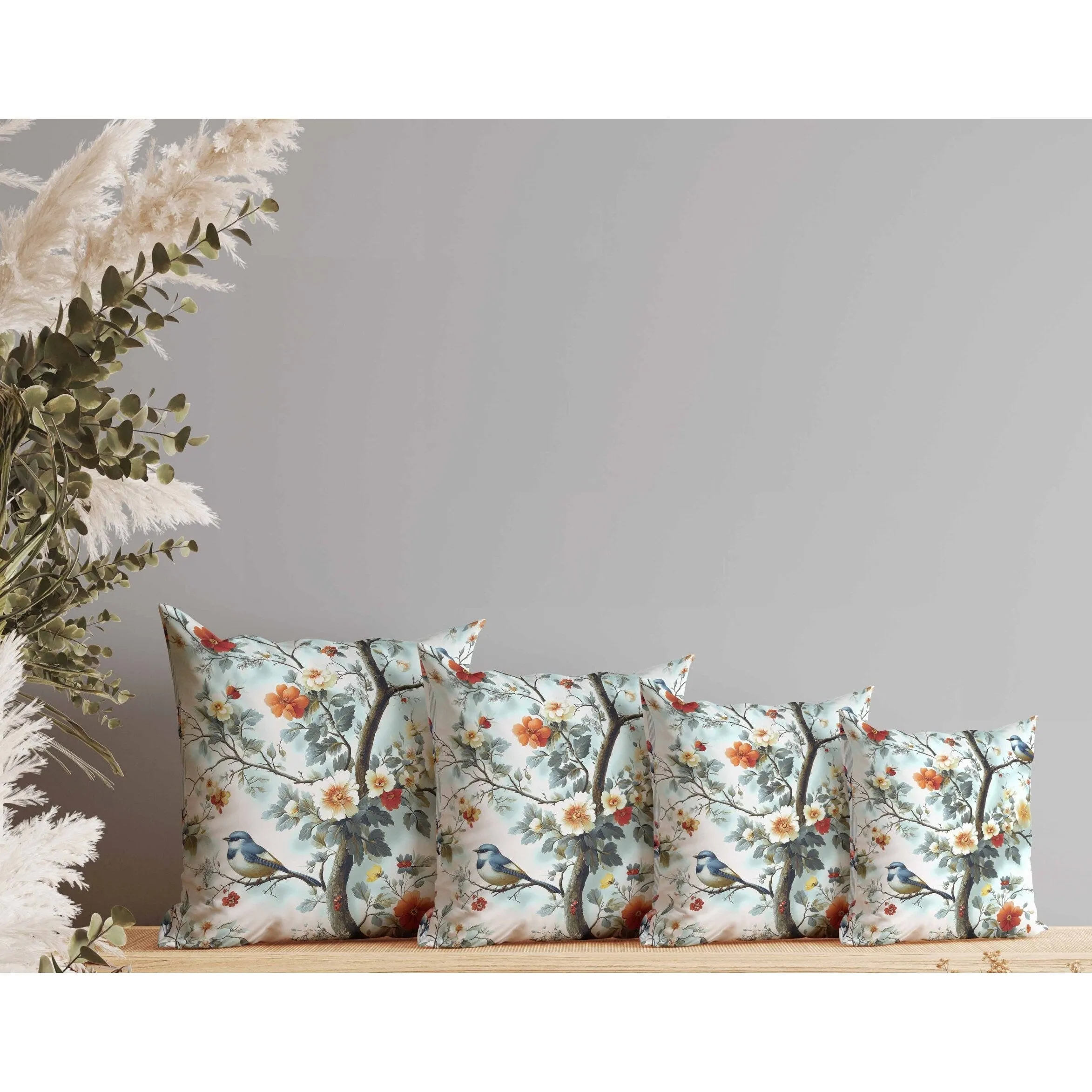 Two Birds n Flowers Indoor/Outdoor Reversible Throw Pillow Blue and Red