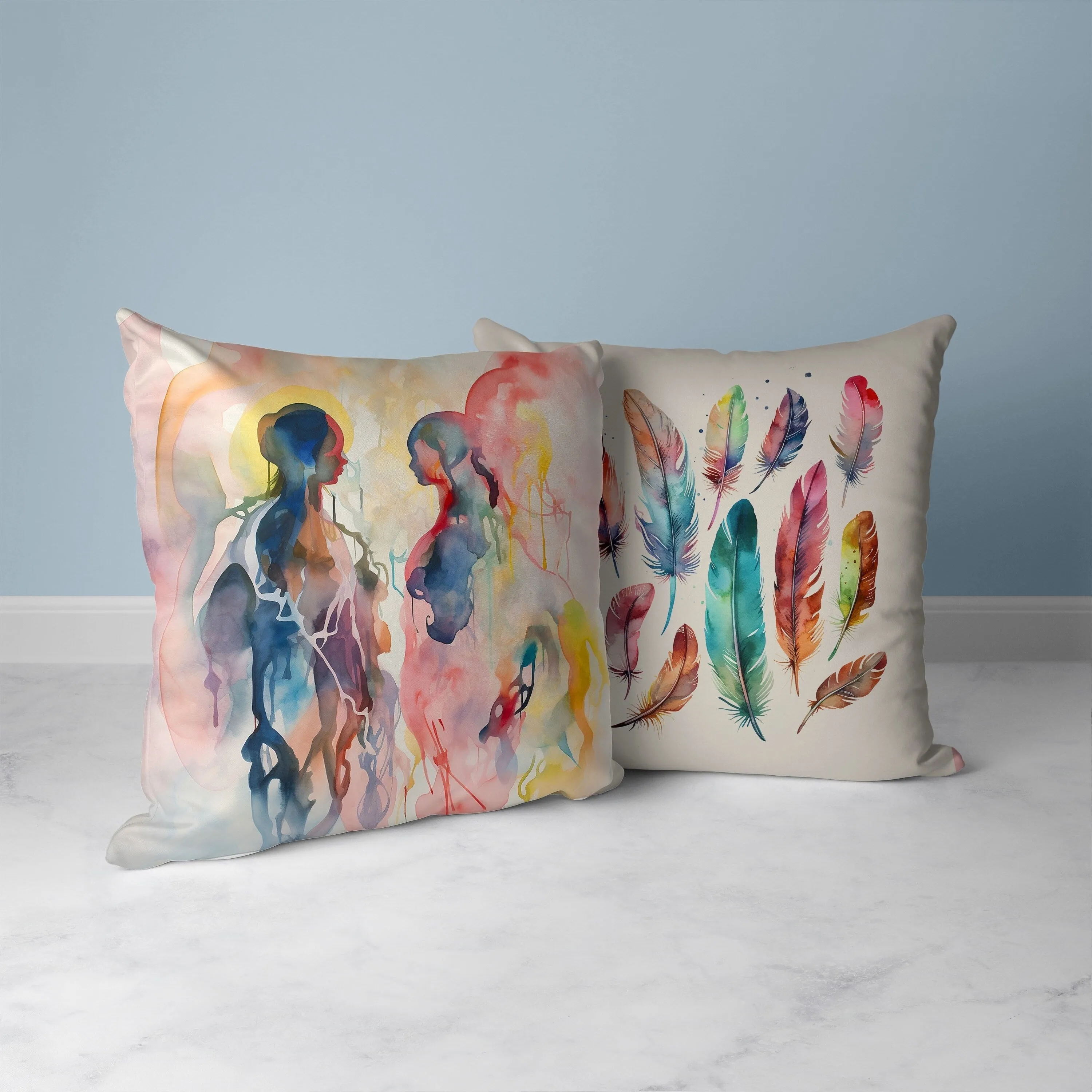 Two Human Feathers Faux Suede Reversible Throw Pillow Pink and Multi