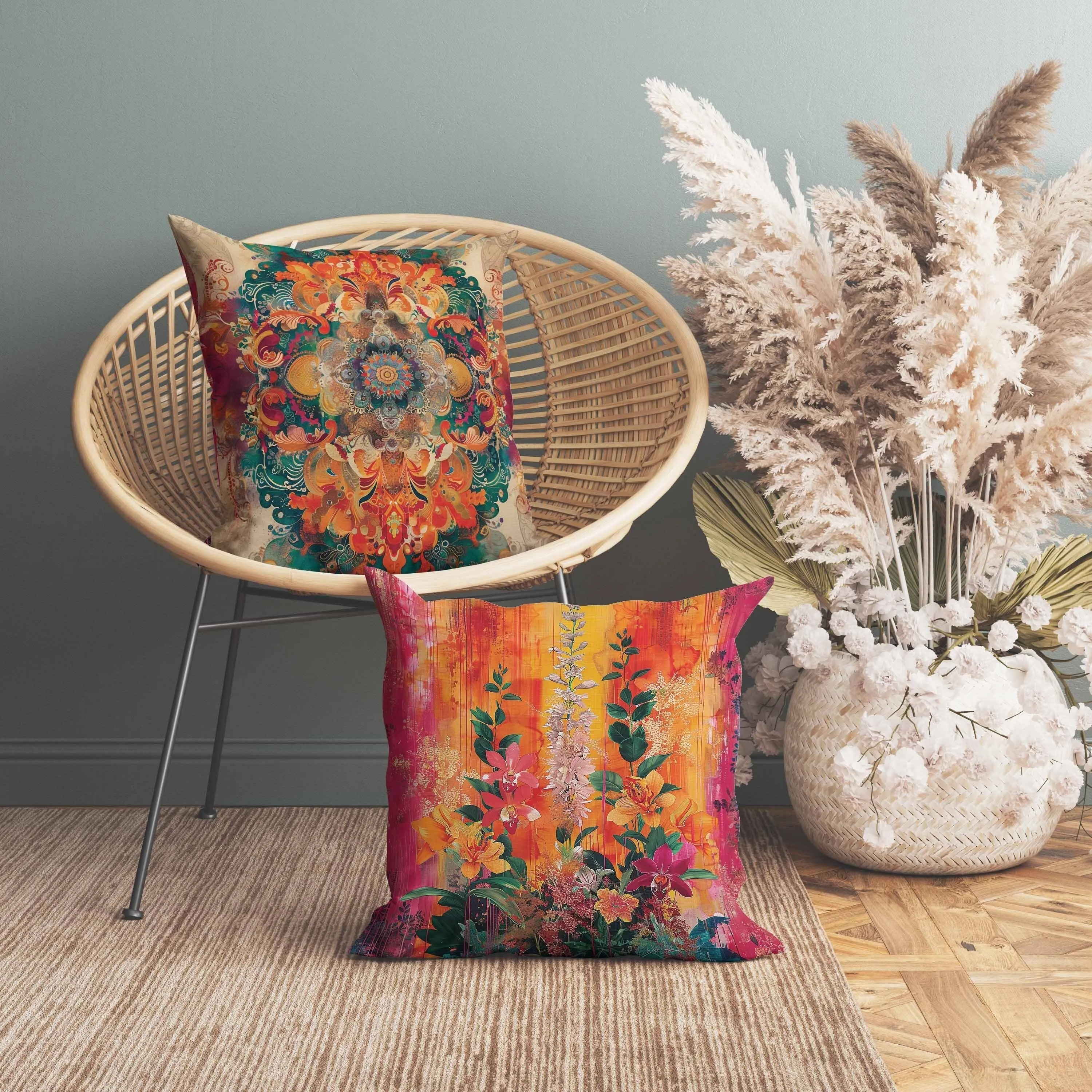 Verdant Fire Faux Suede Reversible Throw Pillow Pink and Orange
