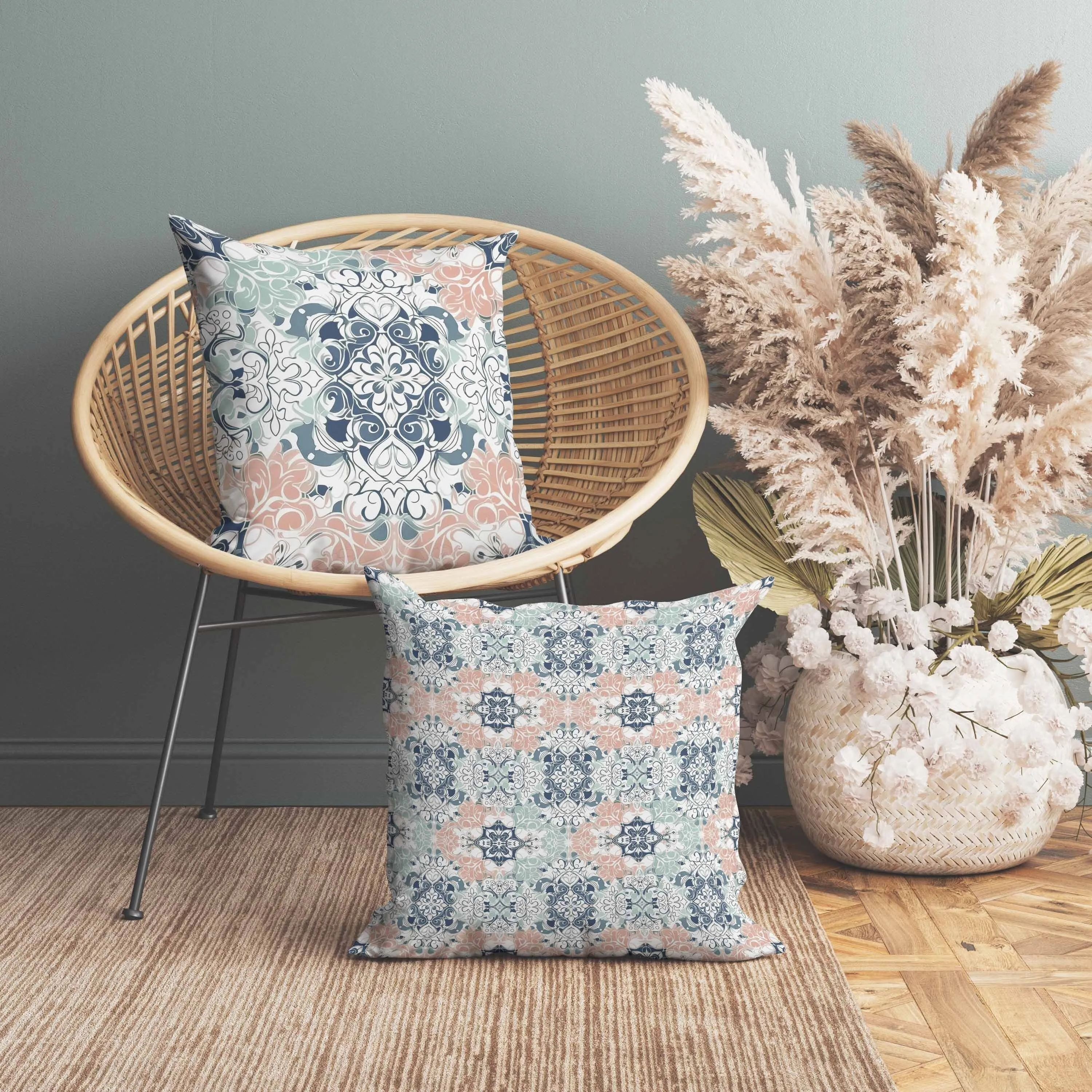 Vibrant Botanicals Faux Suede Reversible Throw Pillow Blue and White