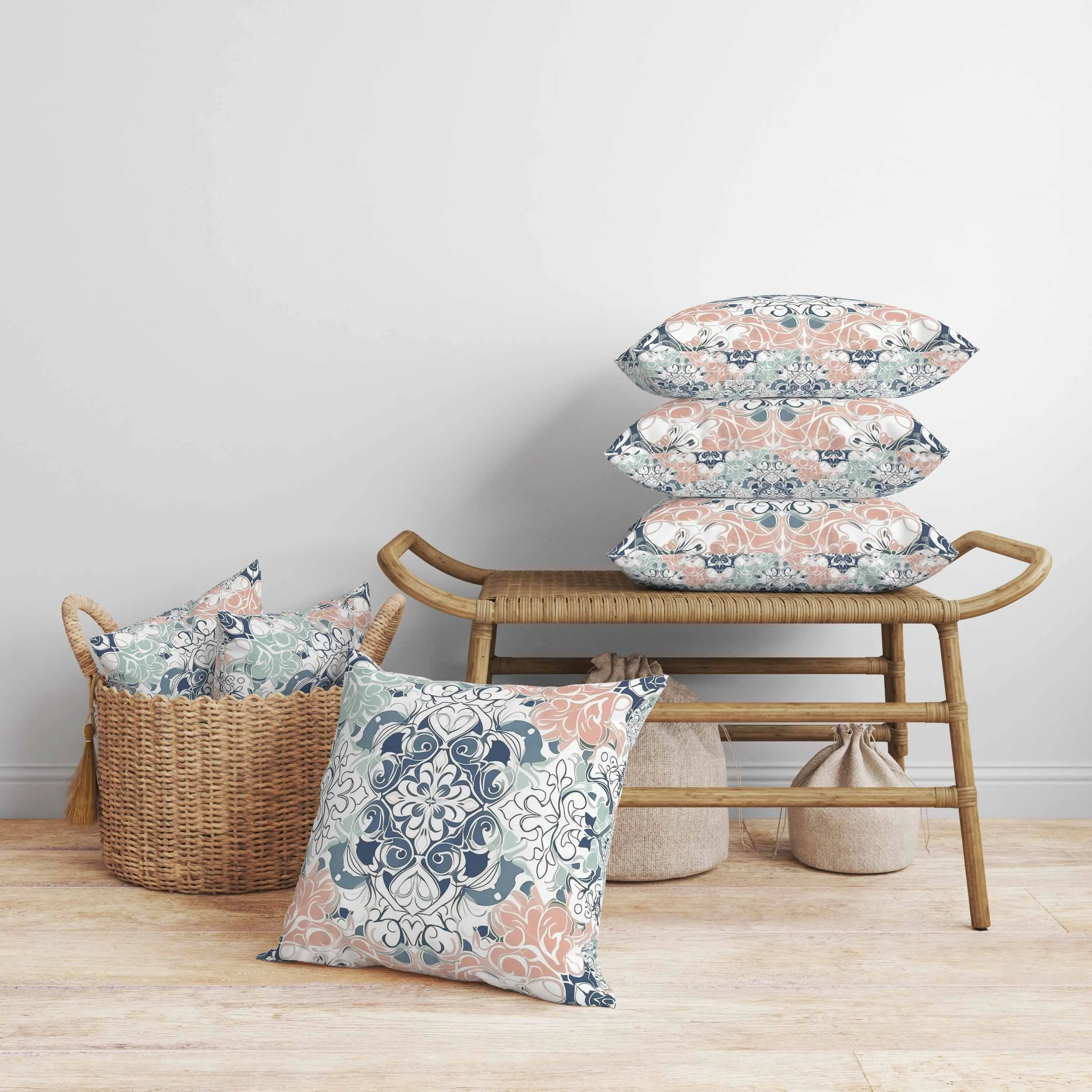Vibrant Botanicals Faux Suede Reversible Throw Pillow Blue and White