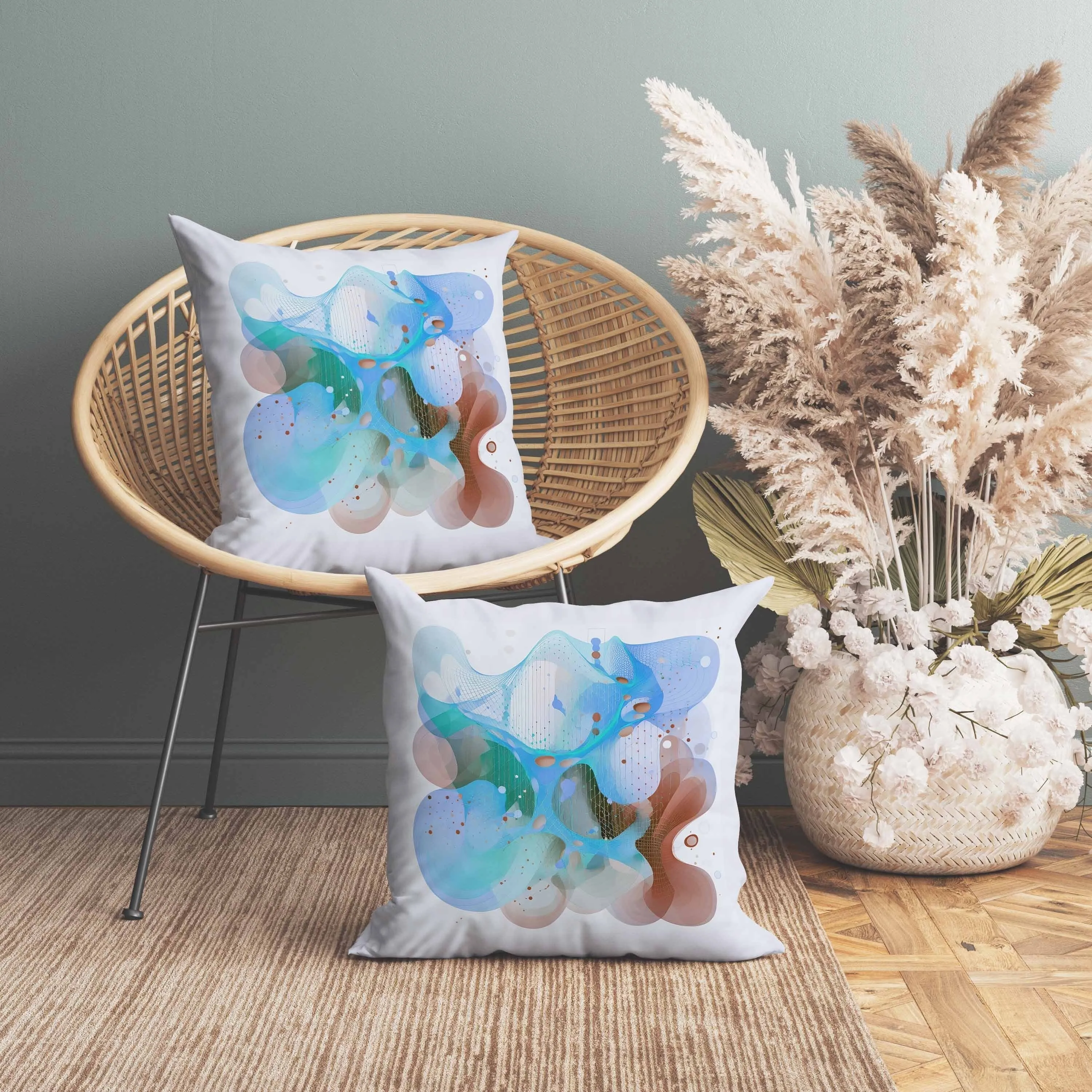 Whimsical Waves Faux Suede Reversible Throw Pillow Blue and Brown
