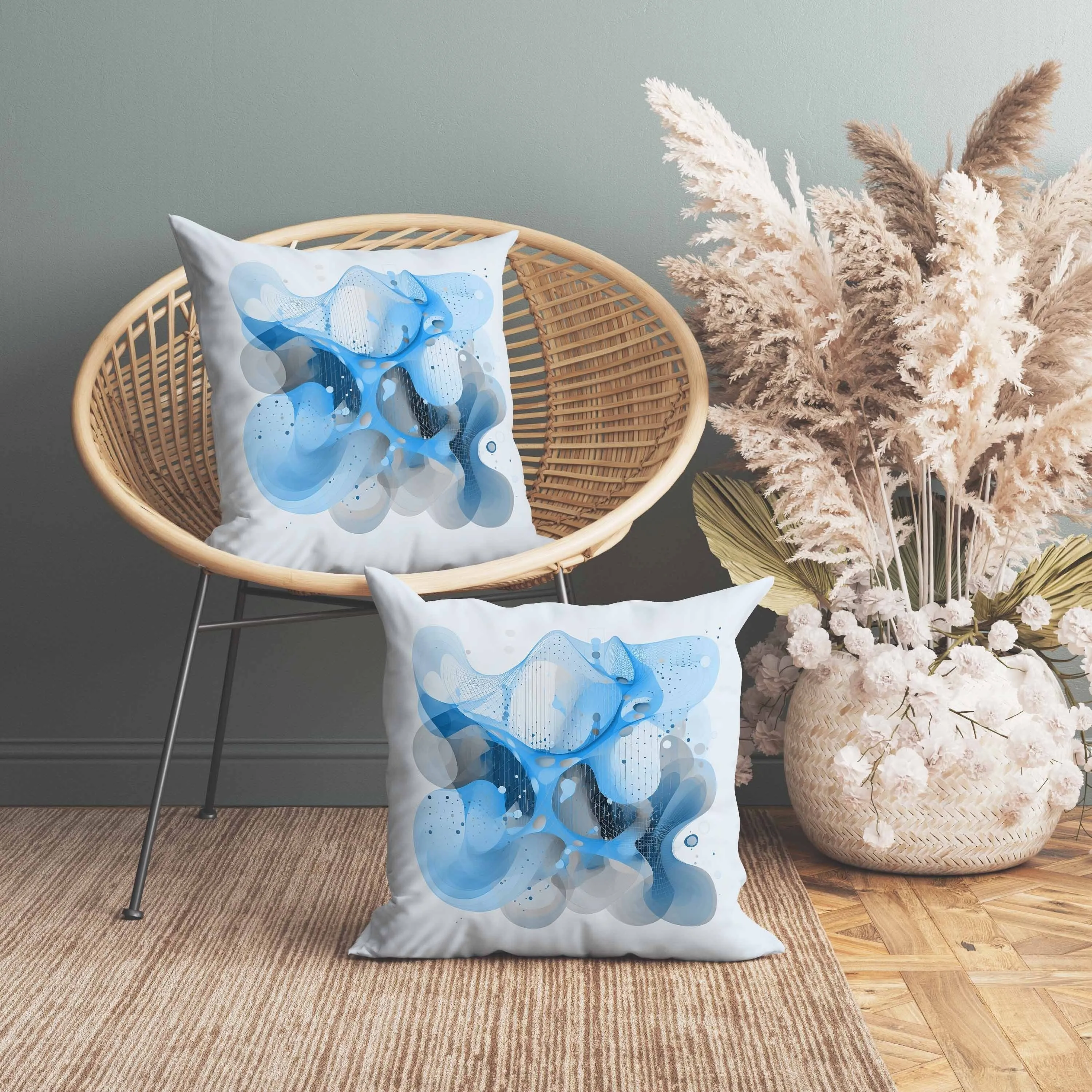 Whimsical Waves Faux Suede Reversible Throw Pillow Blue and Grey