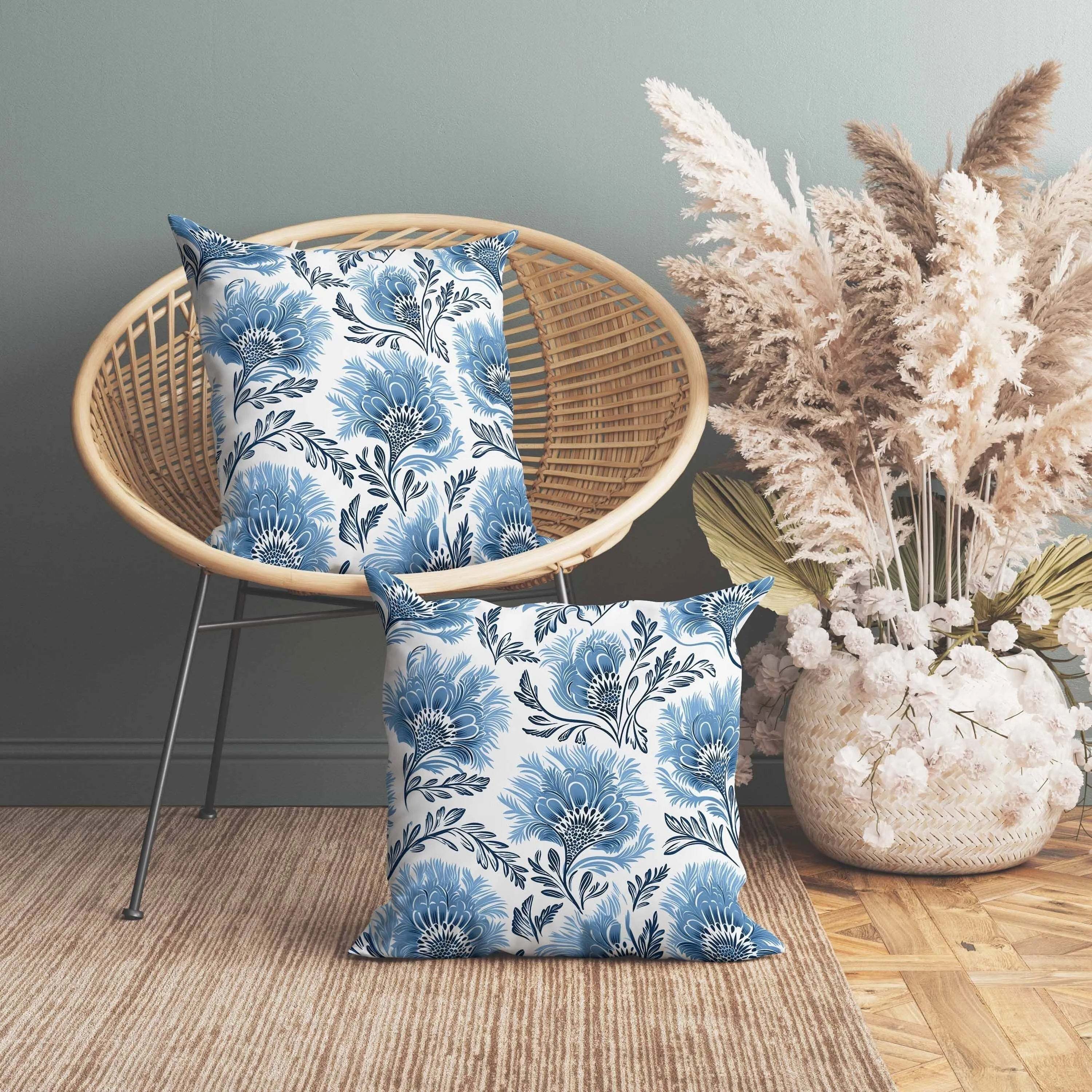Whimsical Wilds Faux Suede Reversible Throw Pillow White and Blue