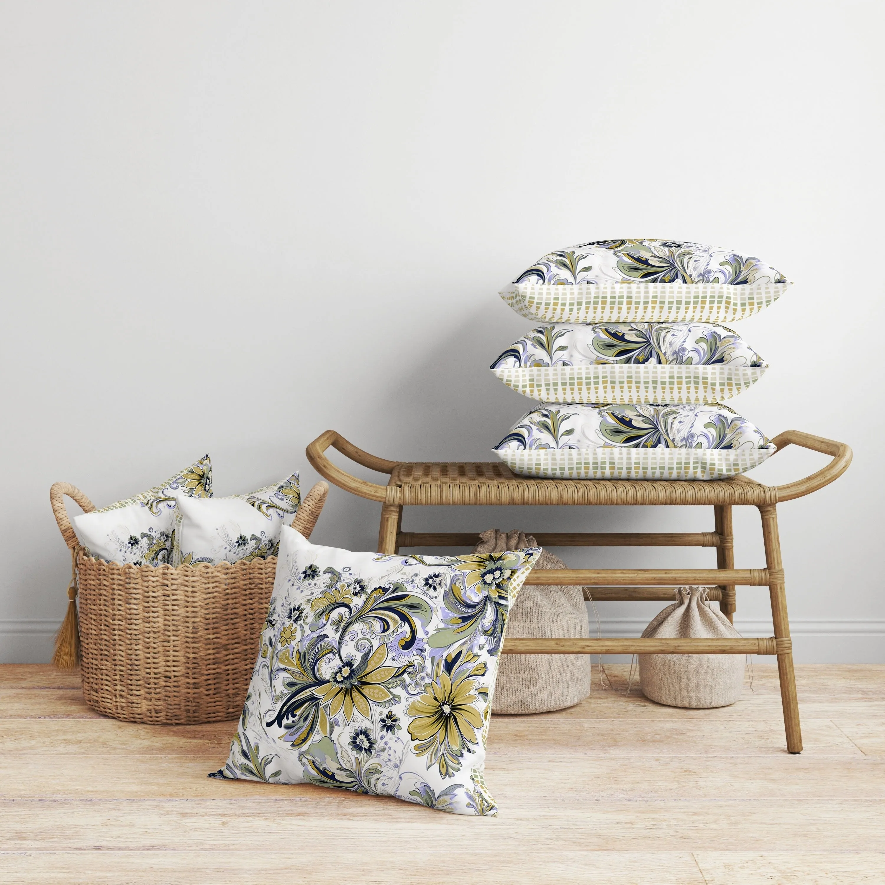 Wild Flora Fusion Faux Suede Reversible Throw Pillow Green and Blue
