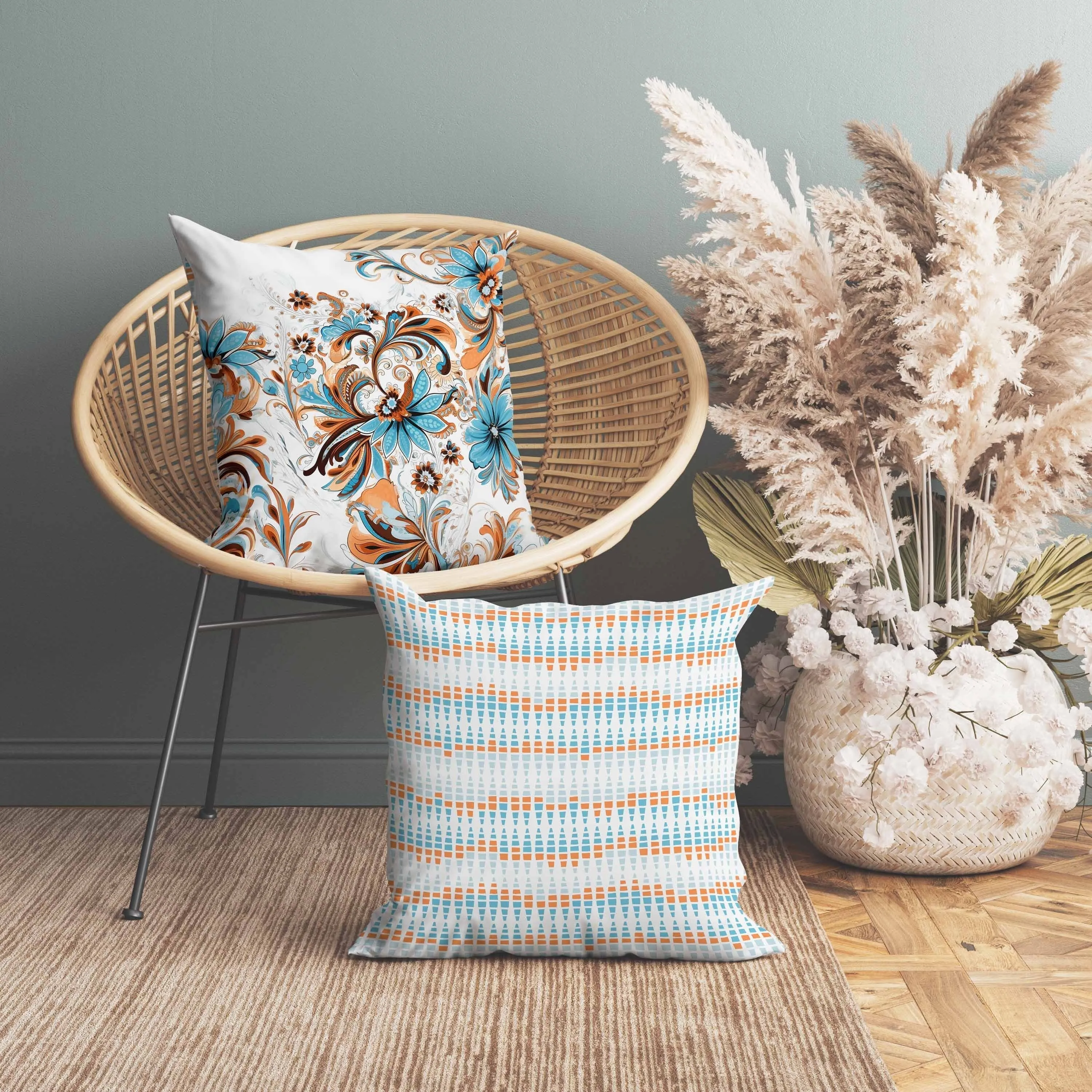 Wild Flora Fusion Indoor/Outdoor Reversible Throw Pillow Blue and Orange