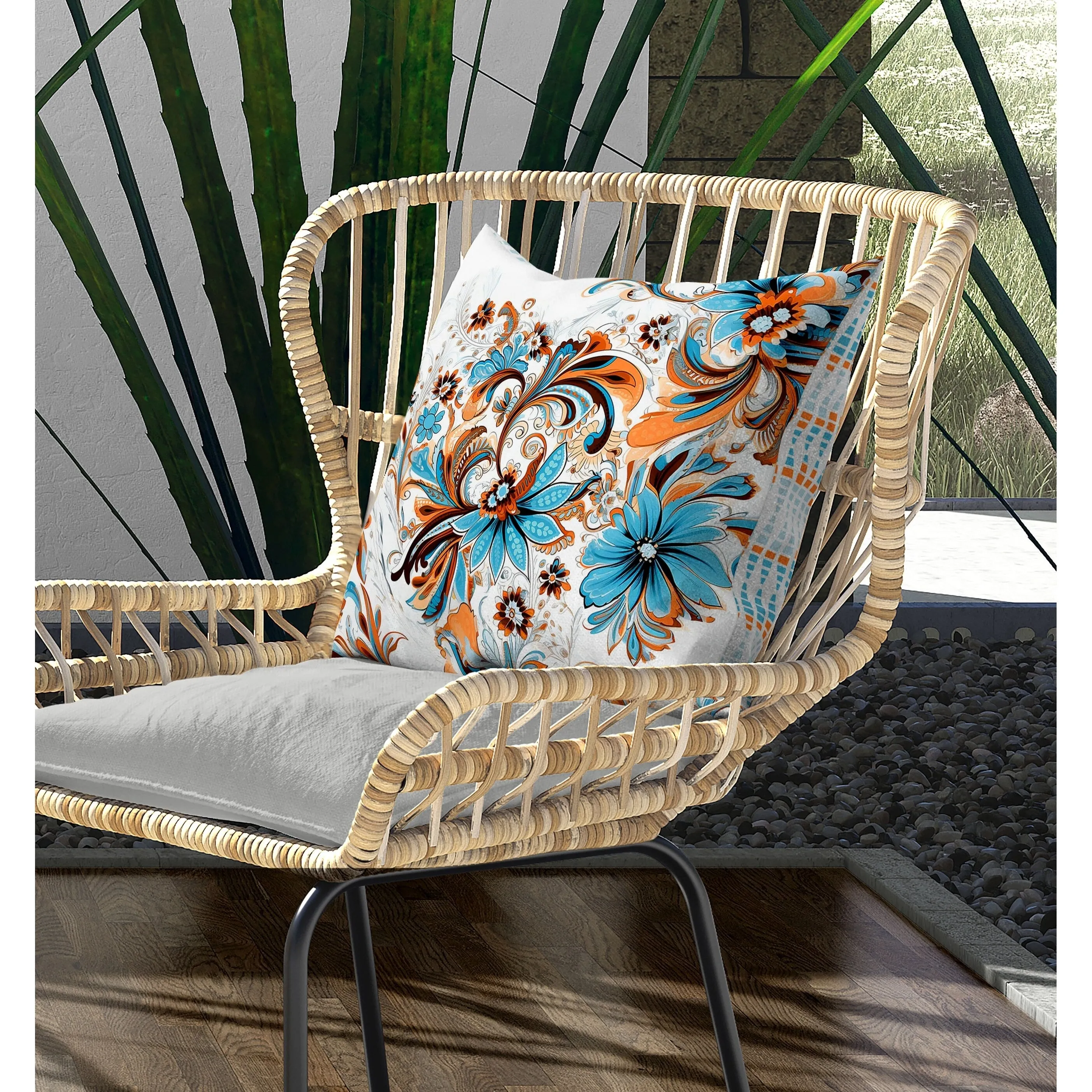 Wild Flora Fusion Indoor/Outdoor Reversible Throw Pillow Blue and Orange