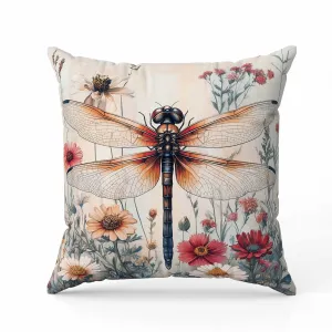 Wildflower Dragonfly Faux Suede Reversible Throw Pillow Red and Orange