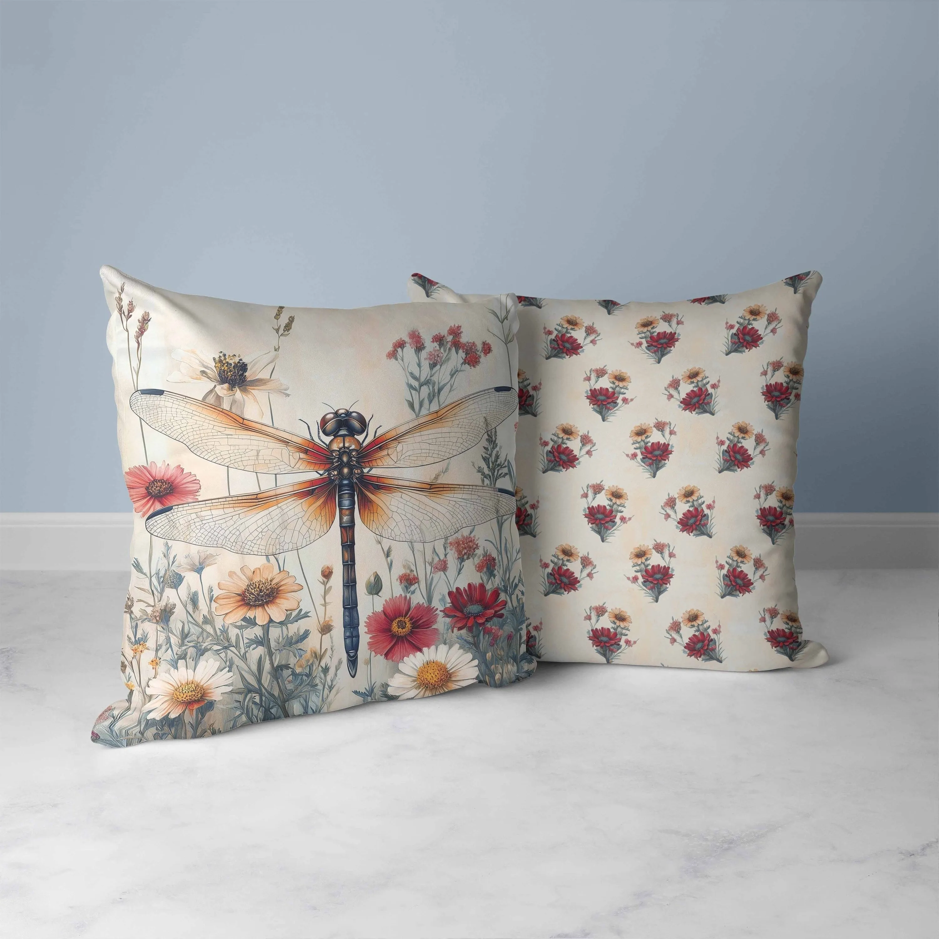 Wildflower Dragonfly Faux Suede Reversible Throw Pillow Red and Orange
