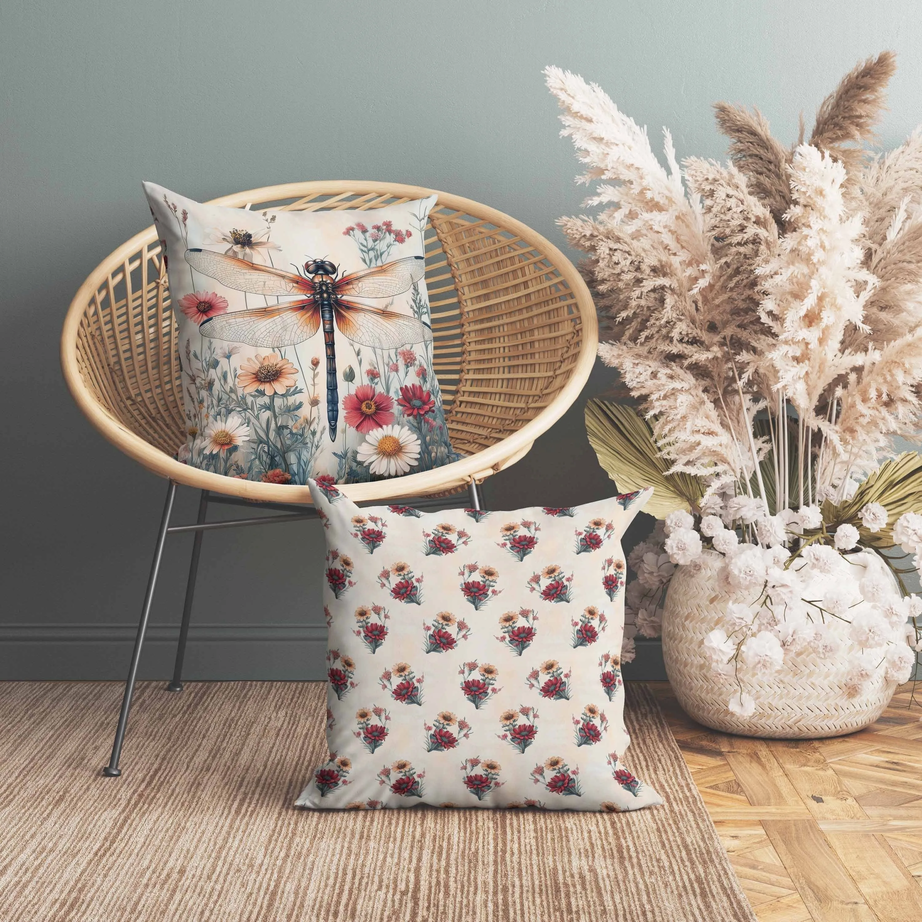 Wildflower Dragonfly Faux Suede Reversible Throw Pillow Red and Orange
