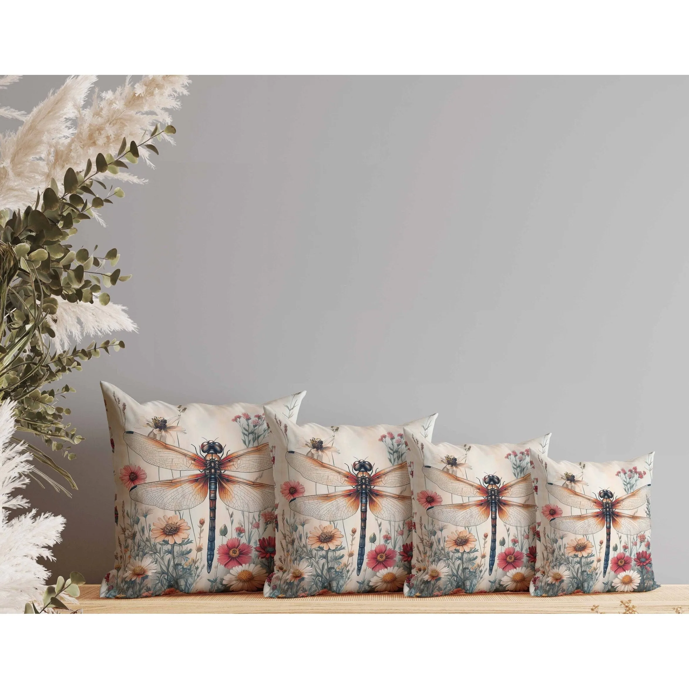 Wildflower Dragonfly Faux Suede Reversible Throw Pillow Red and Orange