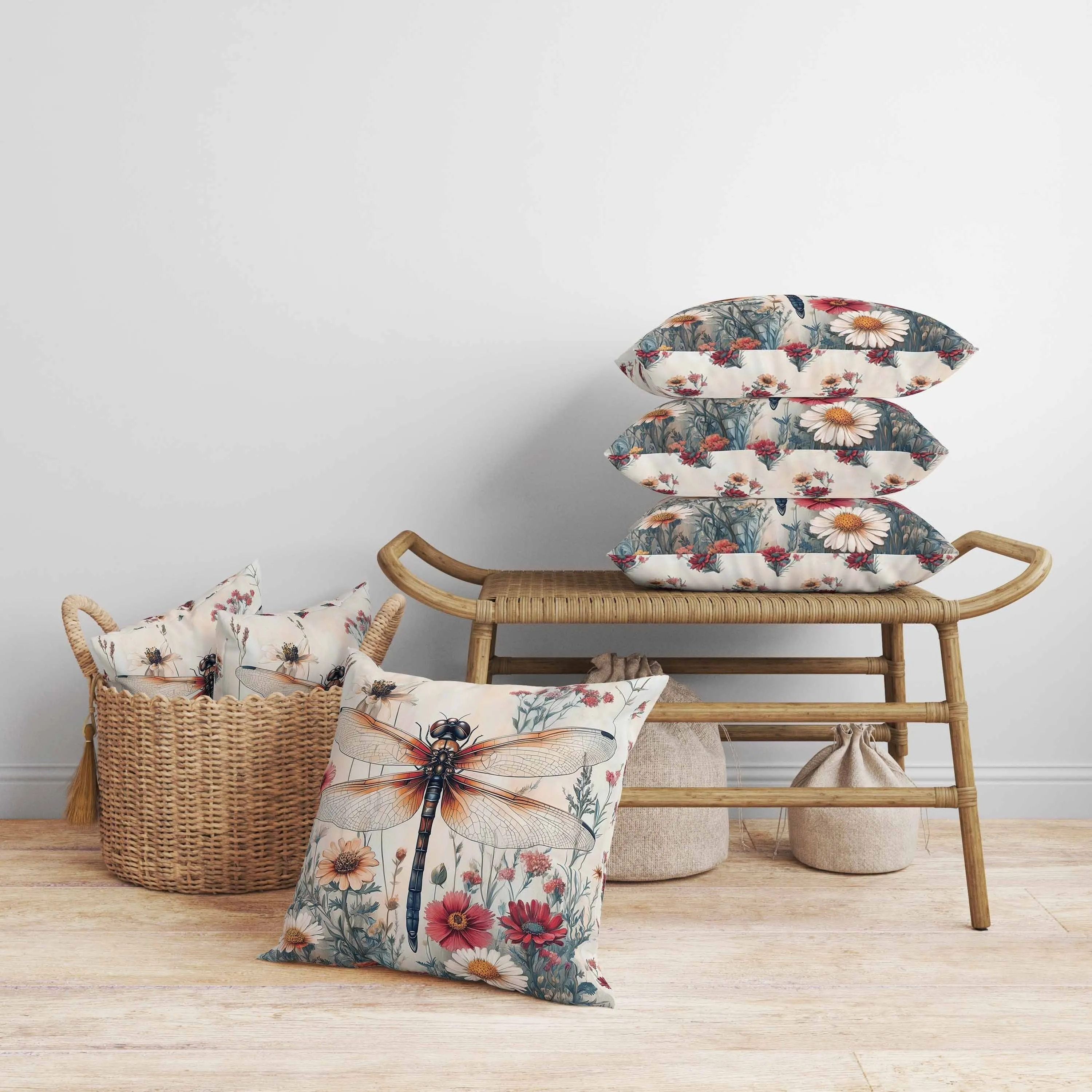 Wildflower Dragonfly Faux Suede Reversible Throw Pillow Red and Orange