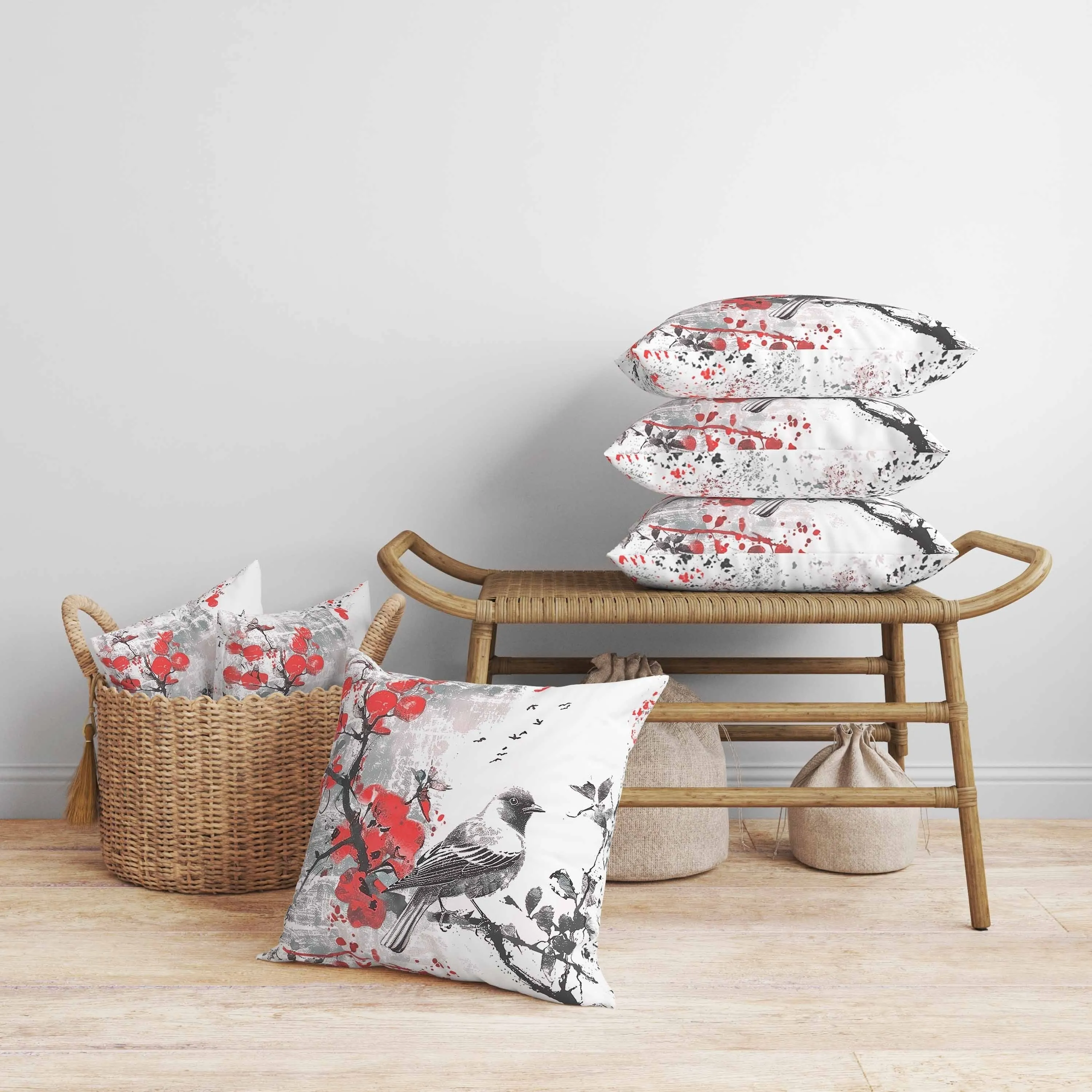 Winter Plum Song Faux Suede Reversible Throw Pillow Gray and Red