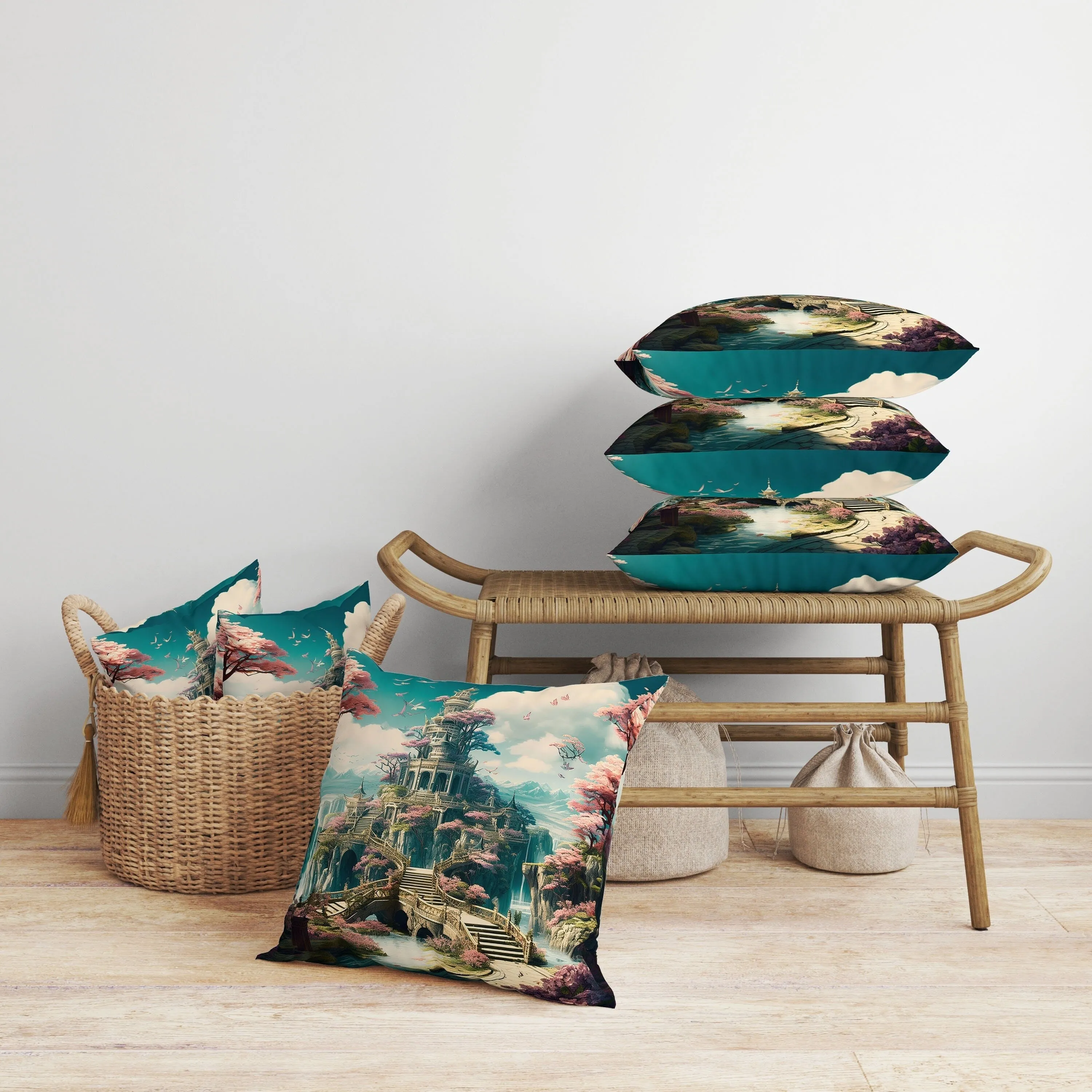 Wonderland Whispers Faux Suede Reversible Throw Pillow Cyan and Pink