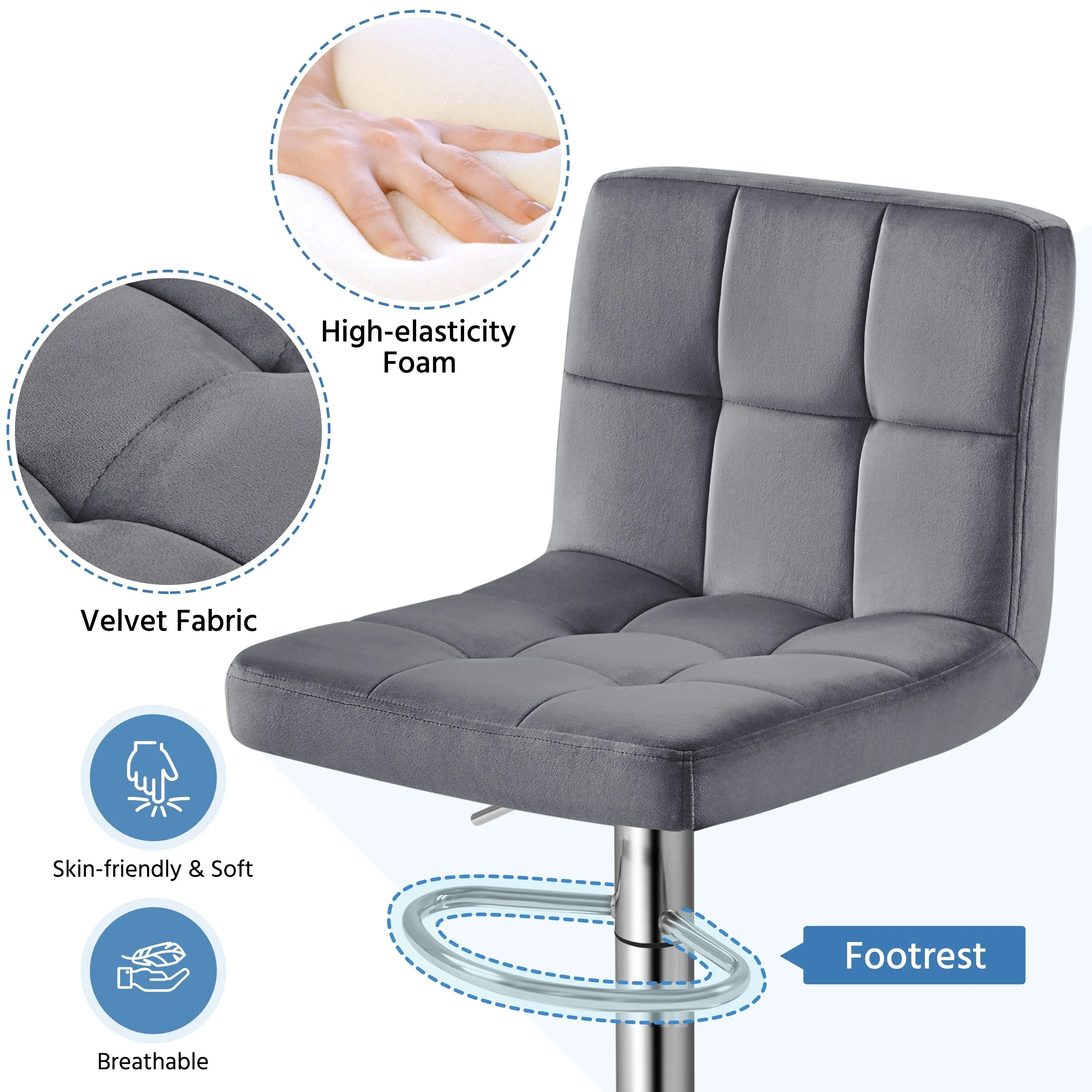 Yaheetech 2pcs Height Adjustable Modern Velvet Swivel Bar Stool with Backrest