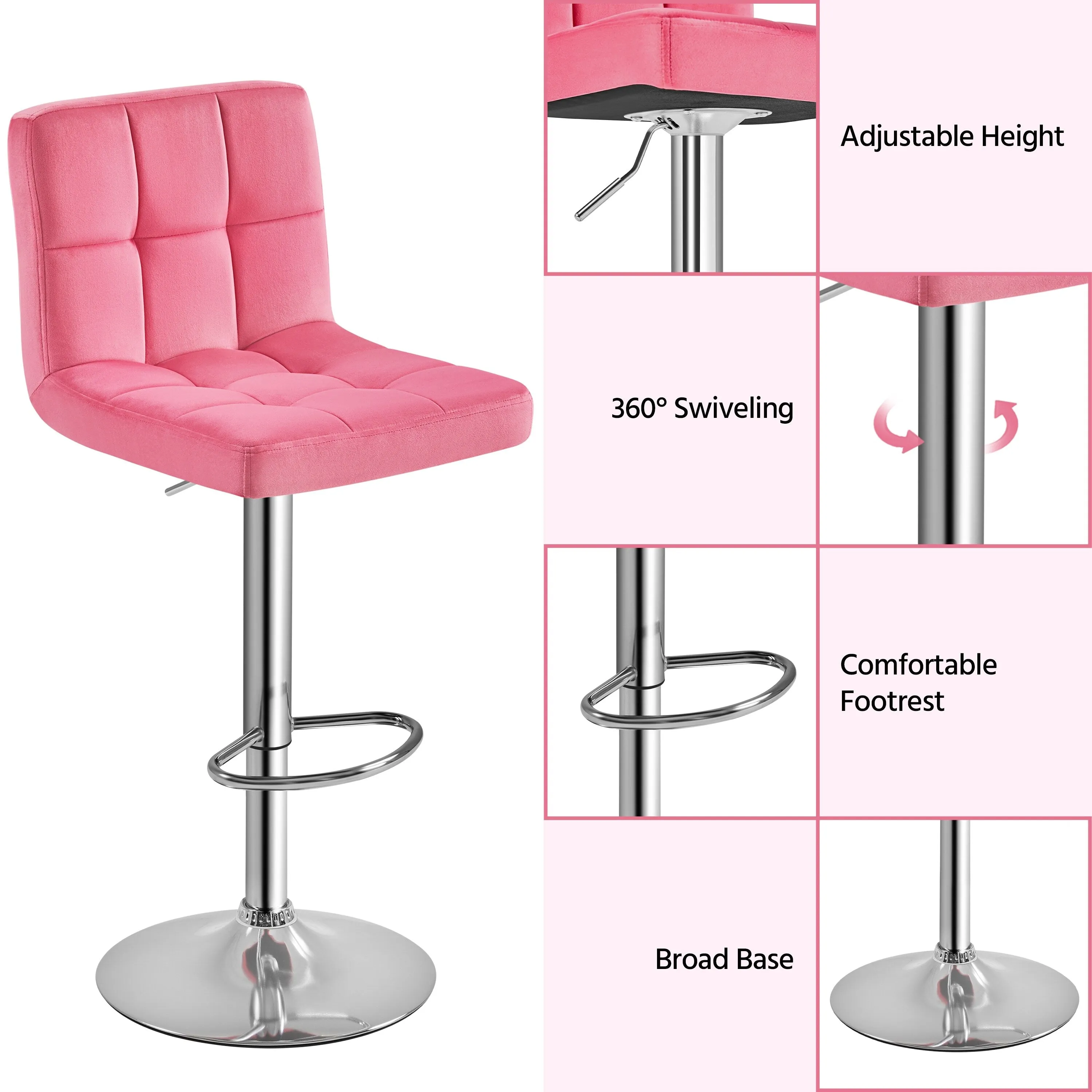Yaheetech 2pcs Height Adjustable Modern Velvet Swivel Bar Stool with Backrest