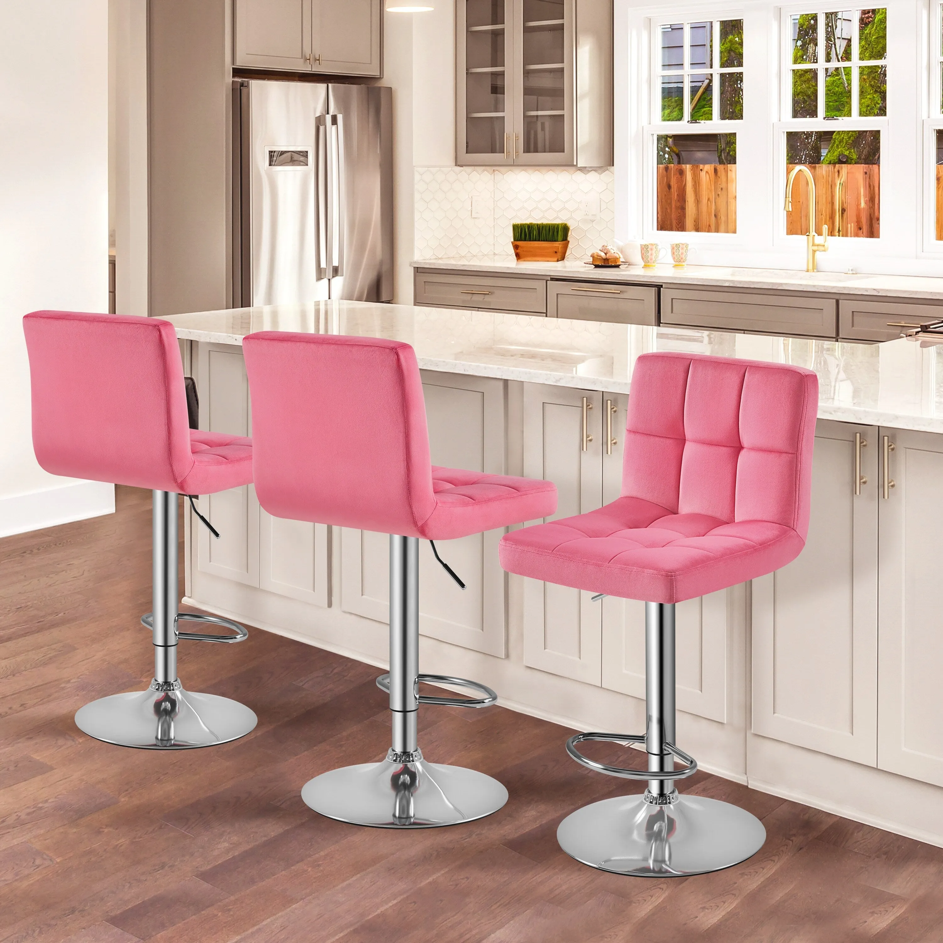 Yaheetech 2pcs Height Adjustable Modern Velvet Swivel Bar Stool with Backrest