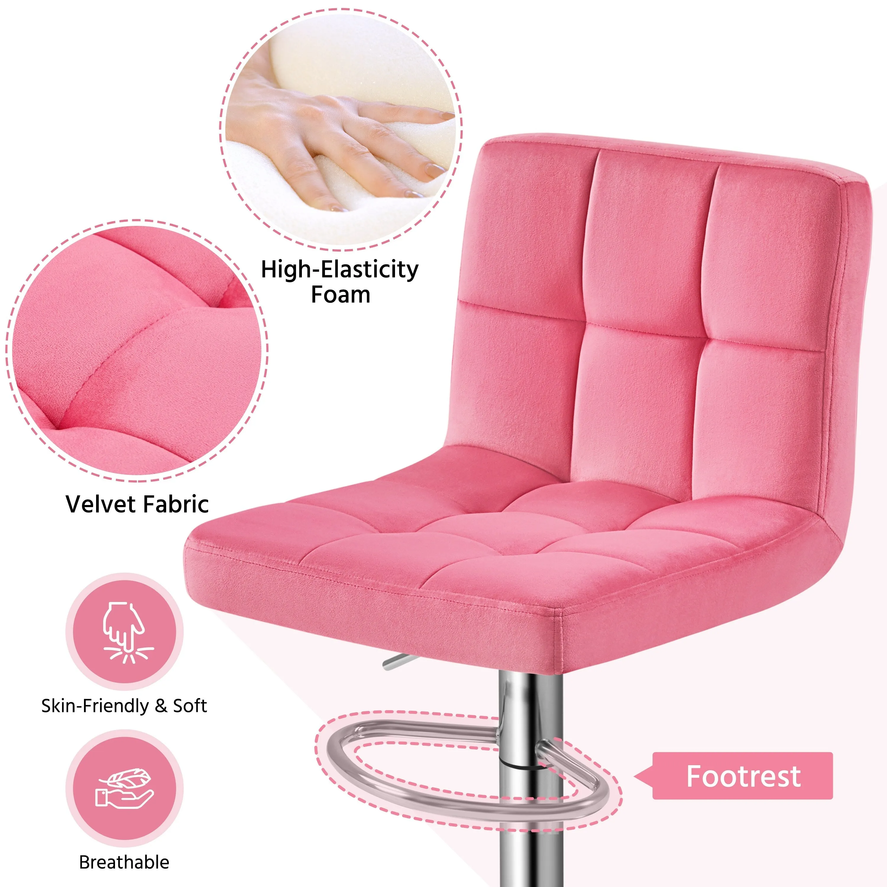 Yaheetech 2pcs Height Adjustable Modern Velvet Swivel Bar Stool with Backrest
