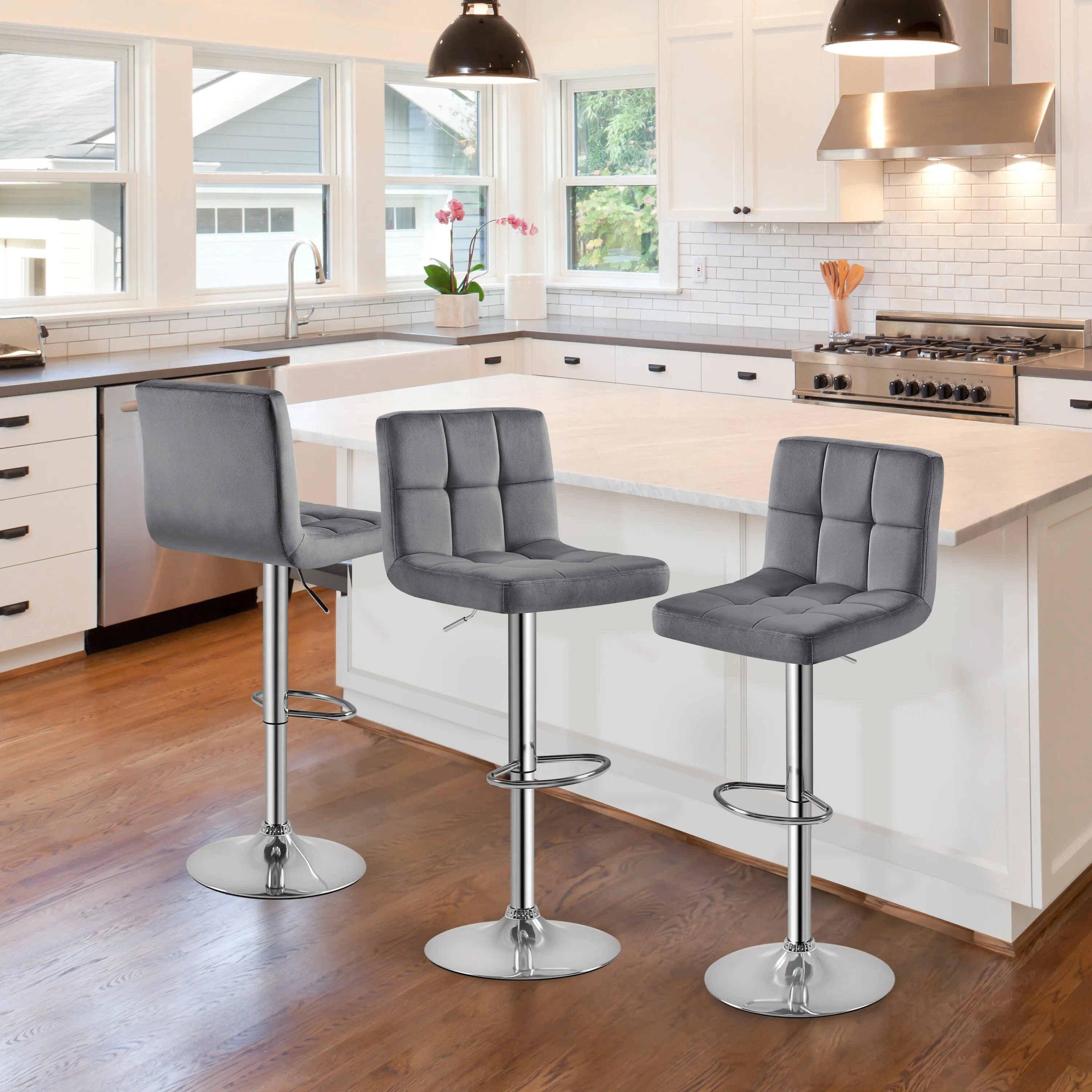 Yaheetech 2pcs Height Adjustable Modern Velvet Swivel Bar Stool with Backrest
